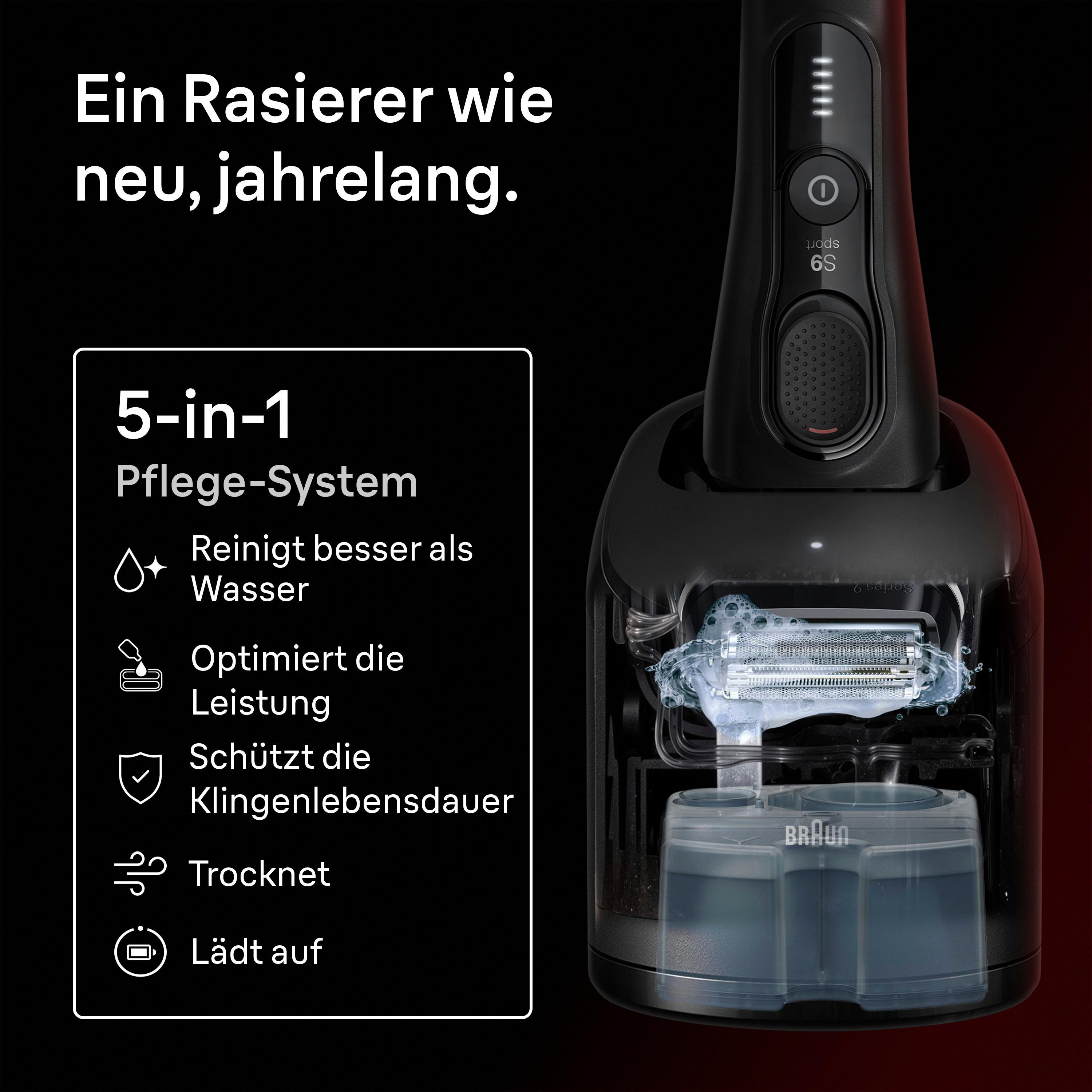 Ein schwarzer Rasierer mit Reinigungsstation und 5-in-1 Pflege-System-Details.