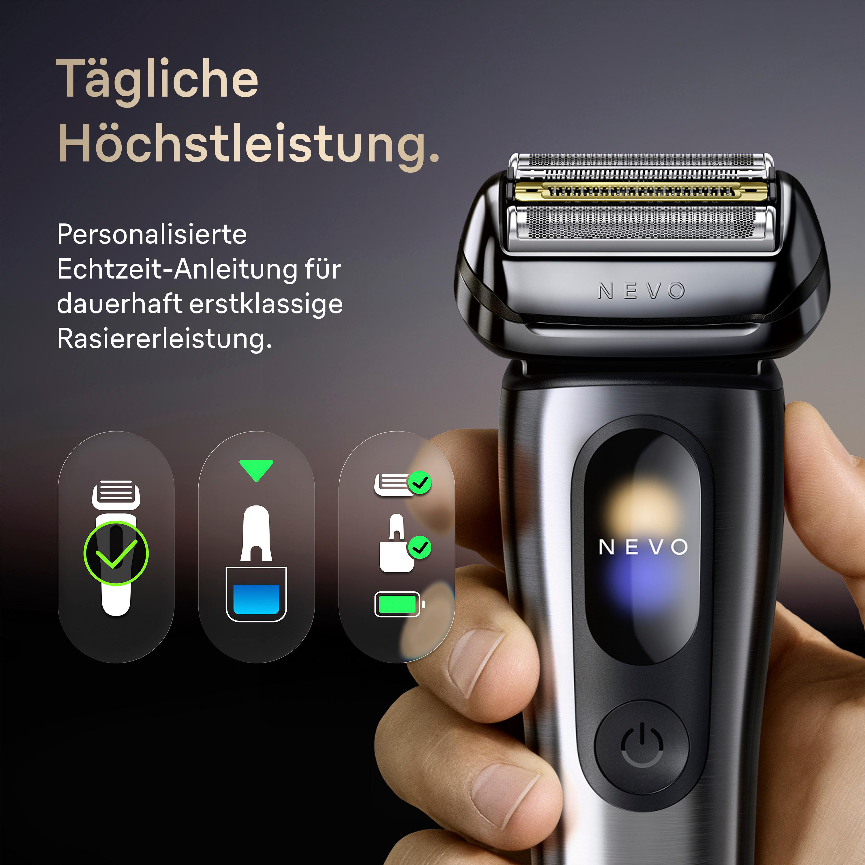Ein Mann hält einen schwarzen Rasierer mit der Aufschrift 'NEVO'.