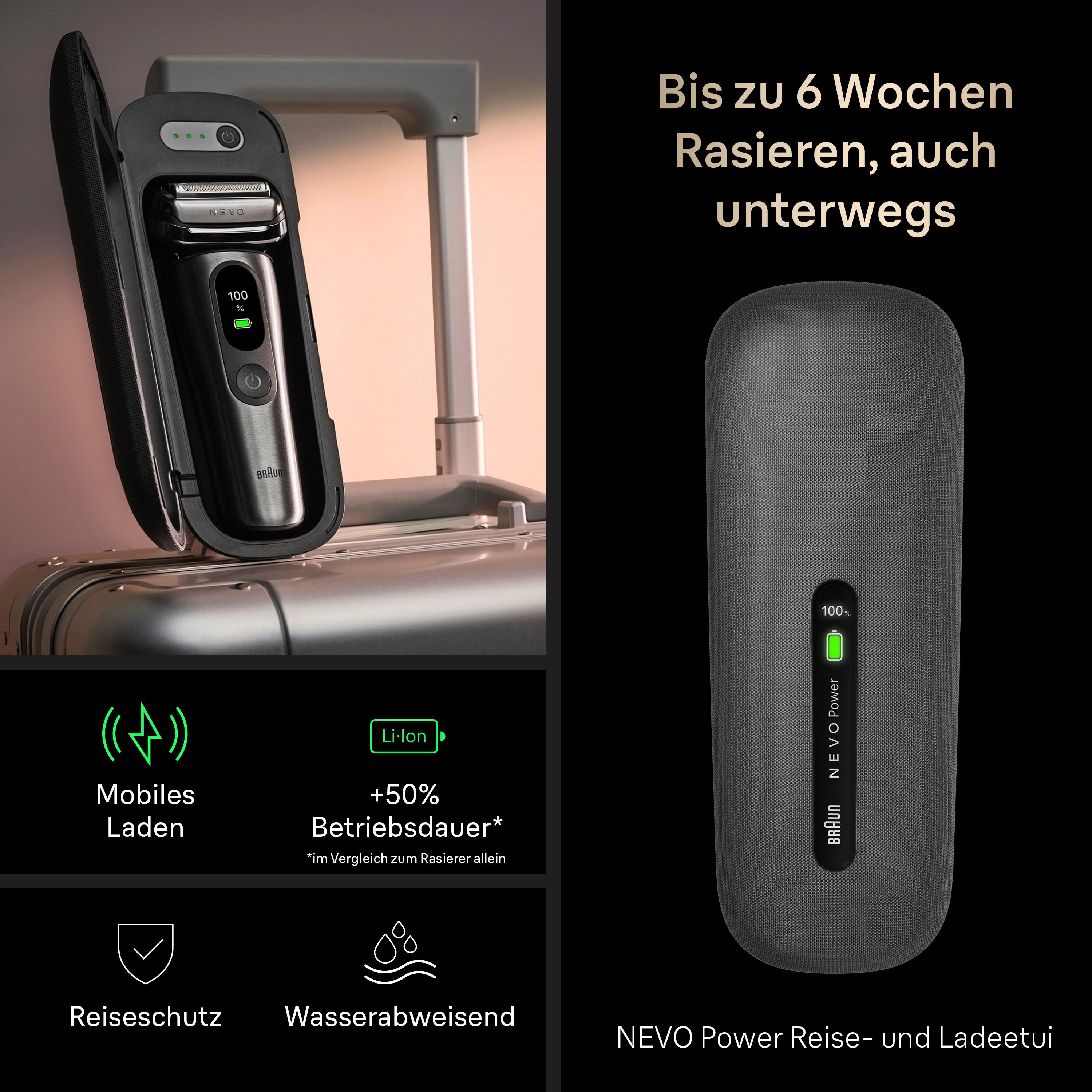 Braun Rasierer im Ladeetui neben Powerbank. Text: Bis zu 6 Wochen Rasieren.