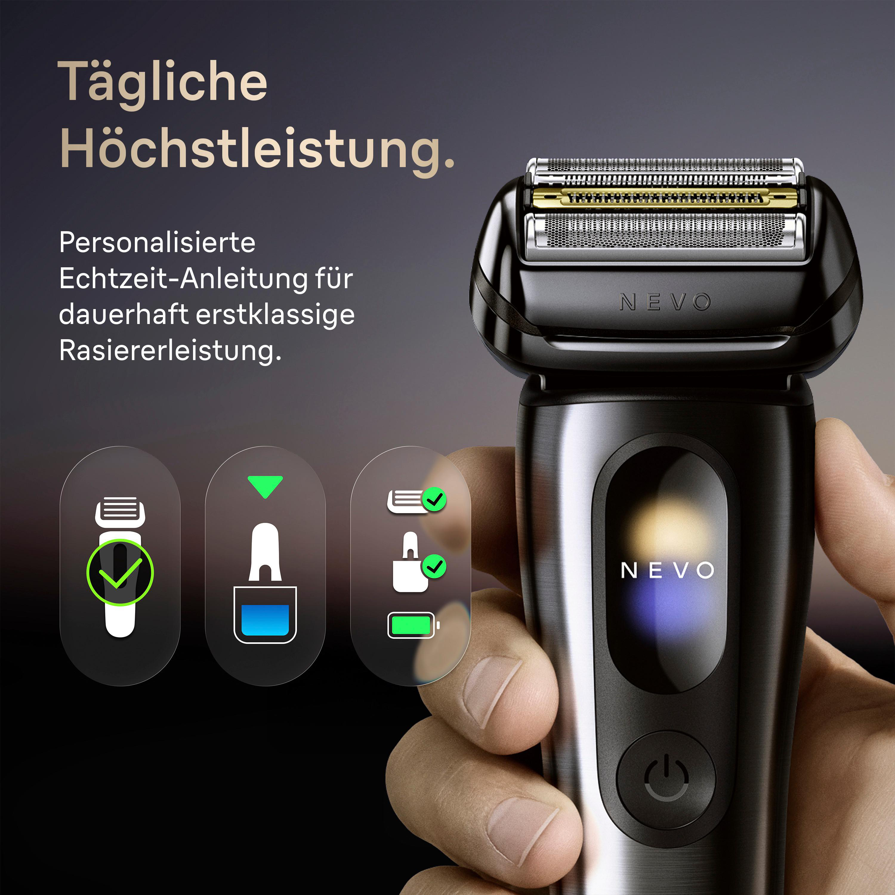 Ein schwarzer Elektrorasierer mit drei Symbolen: Rasierer, Reinigung, Akku.