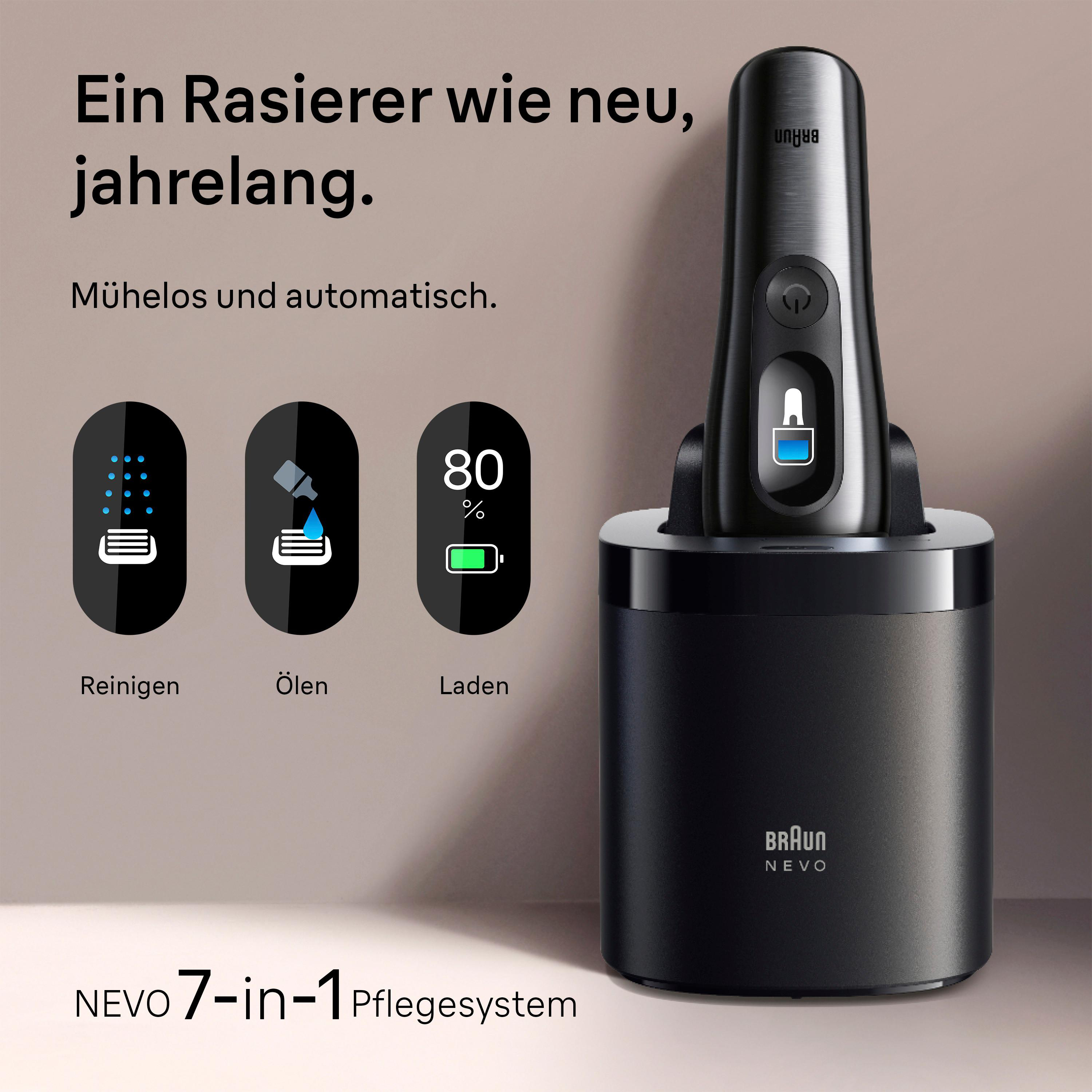 Ein schwarzer Braun Rasierer auf einer Ladestation mit drei Symbolen: Reinigen, Ölen und Laden.