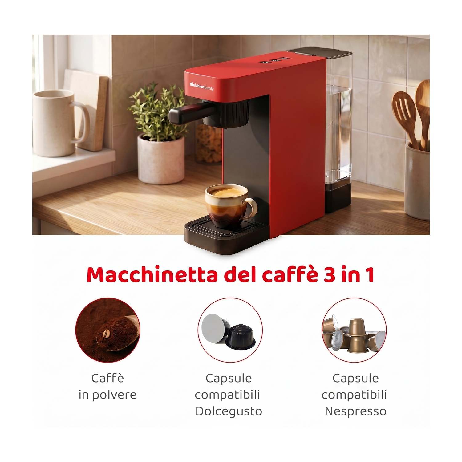 Macchina da caffè rossa con tazza, caffè macinato e capsule.