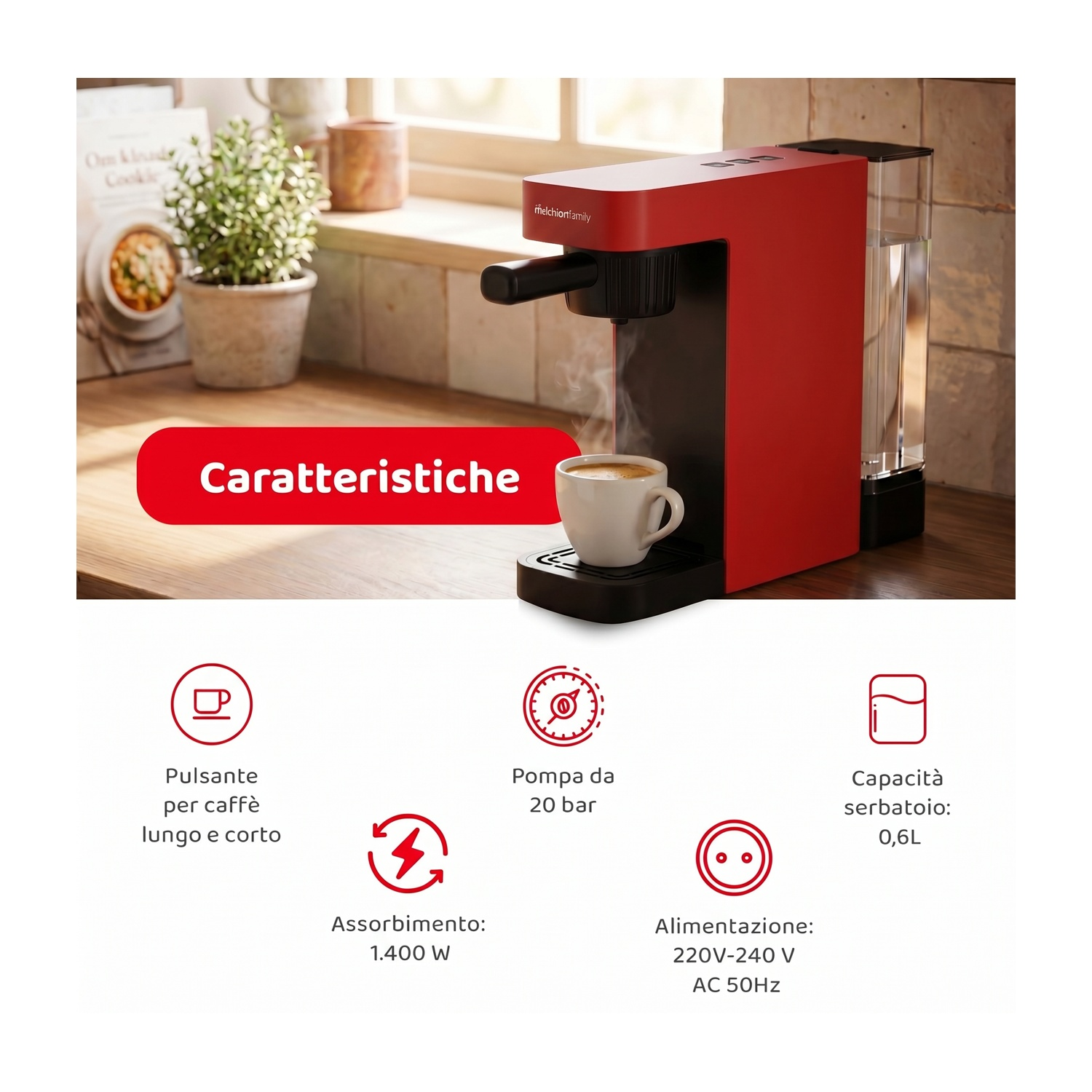 Macchina da caffè rossa con vapore, tazza, serbatoio acqua e caratteristiche tecniche.