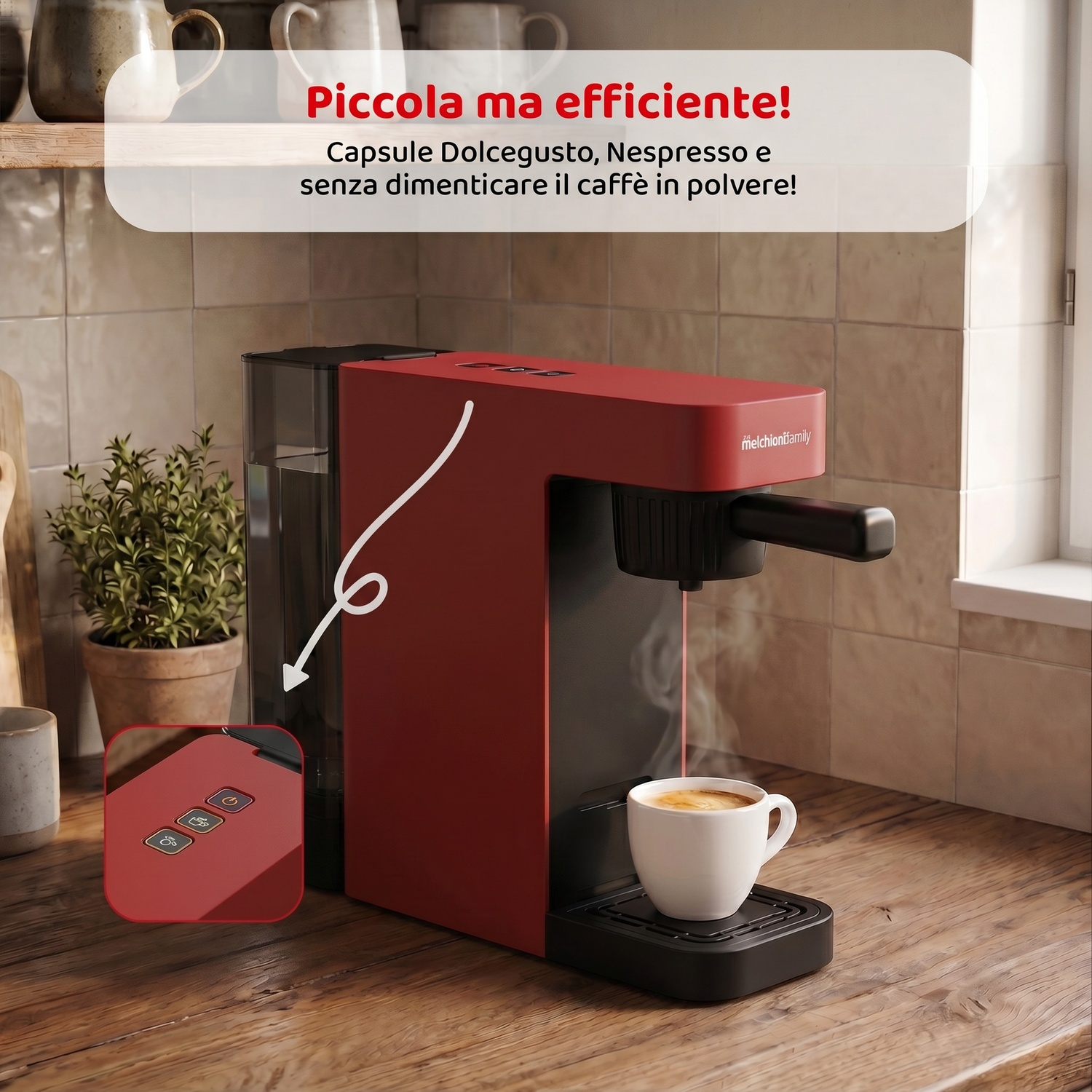Una macchina del caffè rossa prepara caffè in una tazza bianca. Il vapore sale.