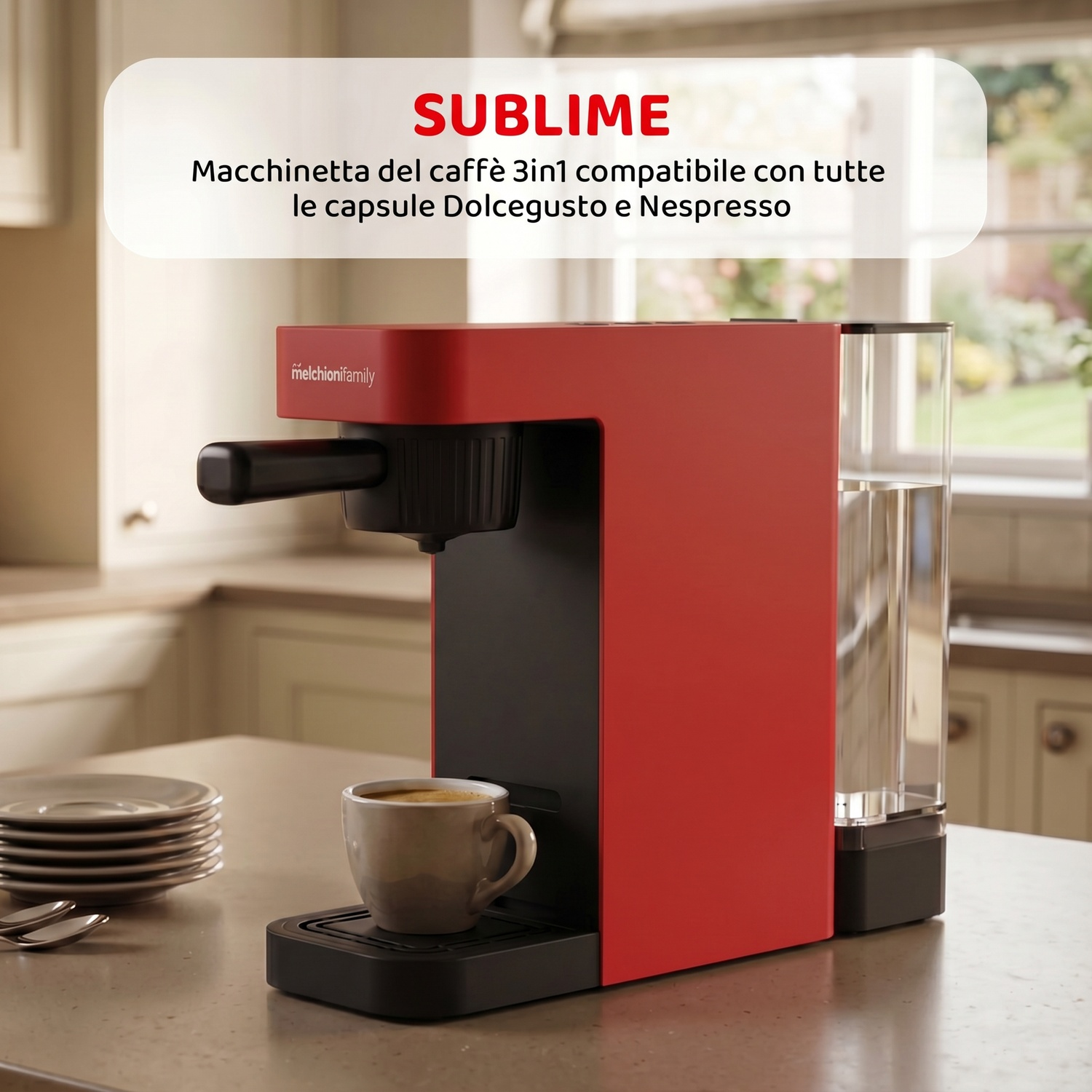 Una macchina da caffè rossa con una tazza di caffè e una pila di piatti accanto.