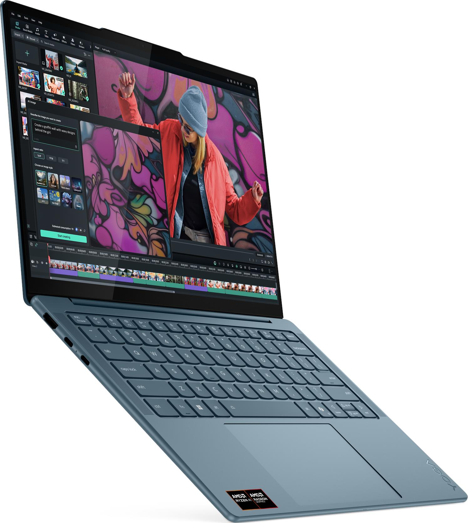 Un ordinateur portable Lenovo Yoga bleu affiche un logiciel de montage vidéo avec fond graffiti.