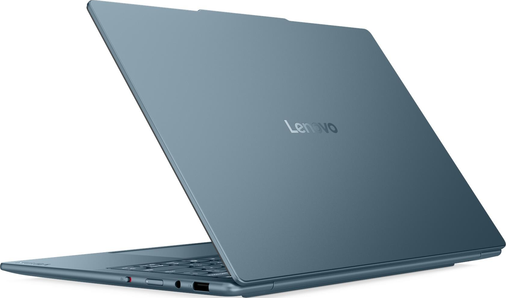 Ordinateur portable Lenovo bleu, ouvert, sur fond blanc.
