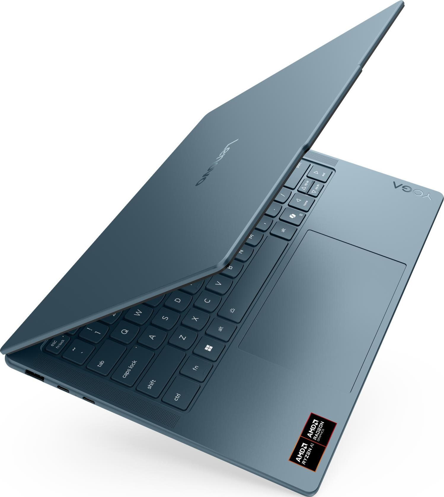 Un ordinateur portable bleu avec le capot ouvert, montrant le clavier et le pavé tactile.