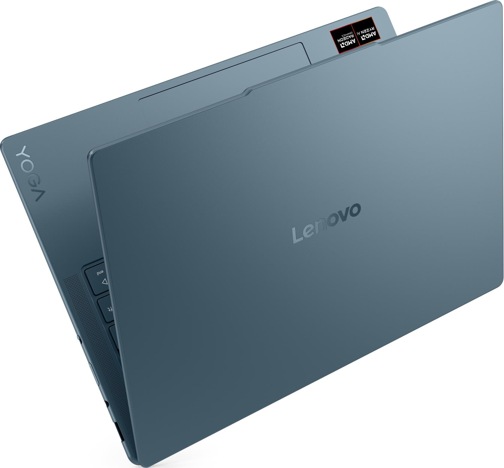 Un ordinateur portable Lenovo Yoga bleu avec logo AMD Ryzen est montré.