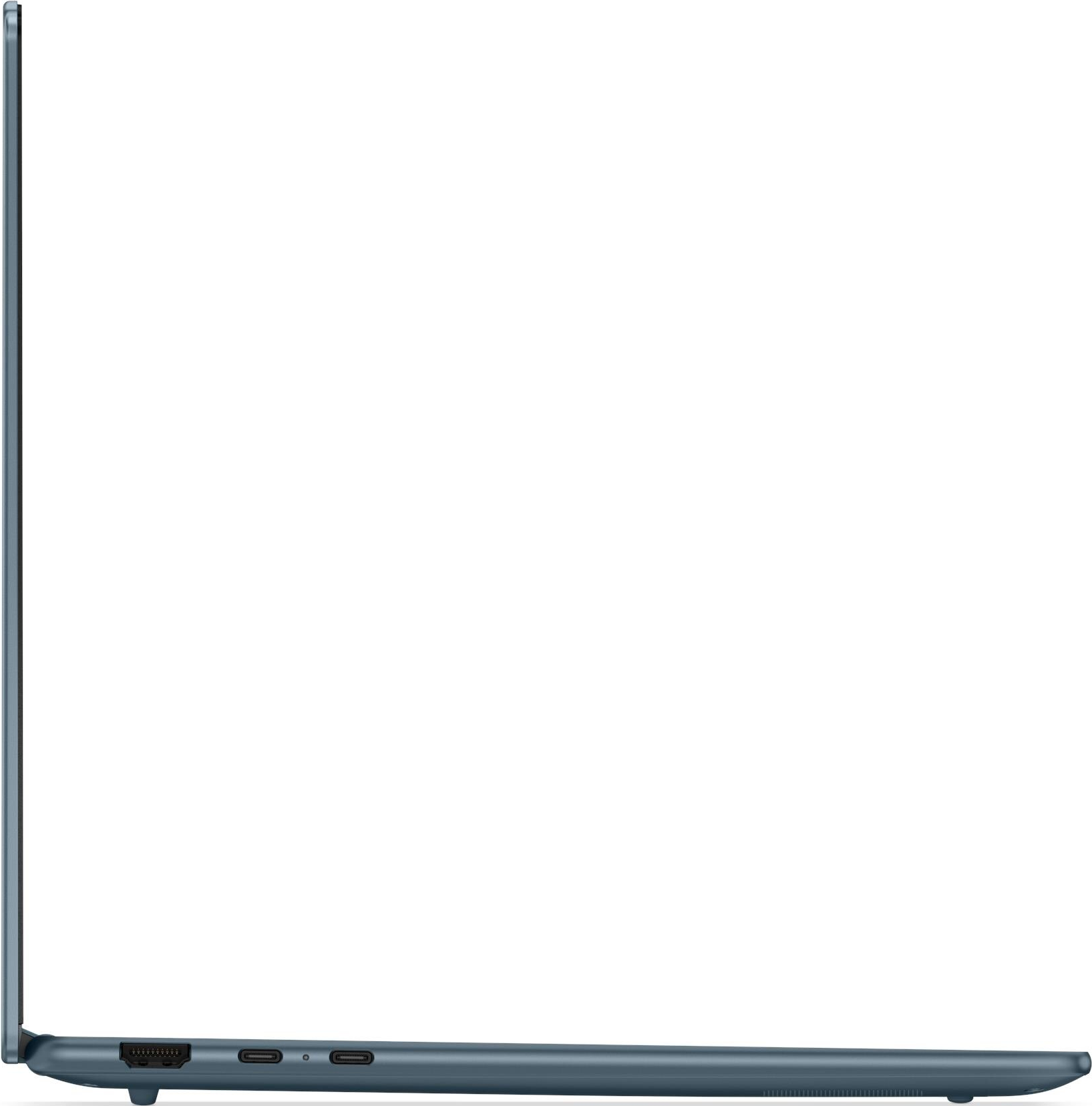 Vue latérale d'un ordinateur portable bleu, montrant les ports. Le côté gauche a un port HDMI.