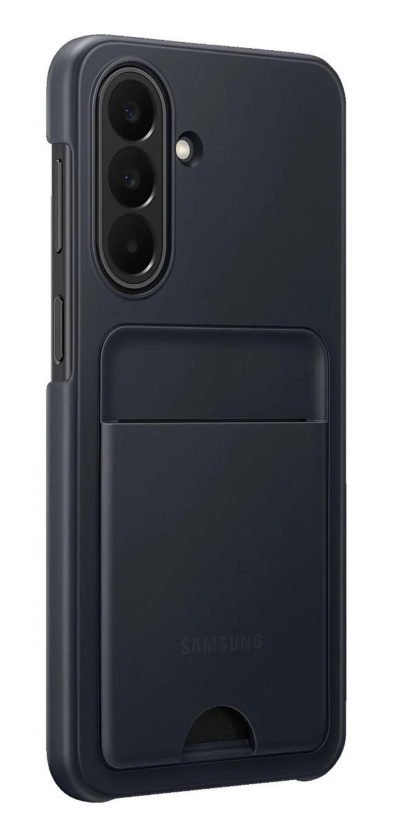 Ciemnoniebieskie etui na telefon z miejscem na karty i wycięciem na potrójny aparat.