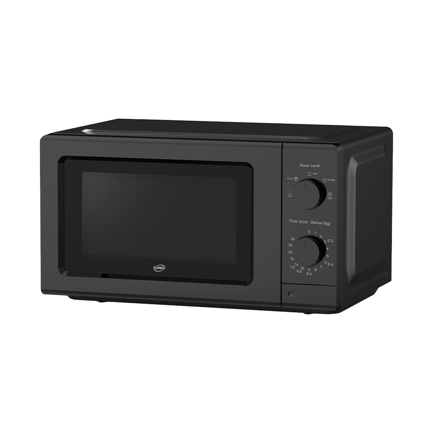 Forno a microonde da banco nero con manopole per tempo e livello di potenza.