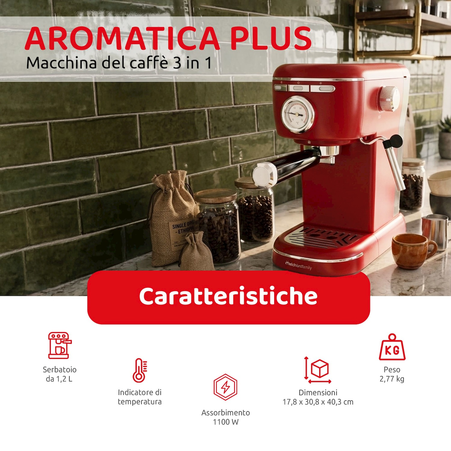 Macchina espresso rossa 3 in 1 con chicchi di caffè e caratteristiche come la capacità del serbatoio.