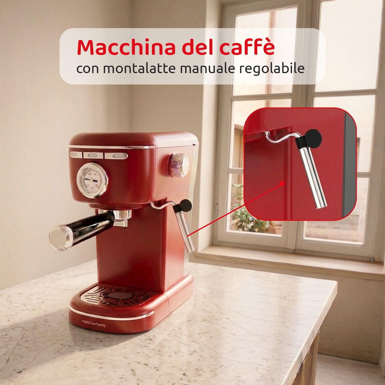 Una macchina per espresso rossa con manometro e lancia vapore su un piano di marmo.