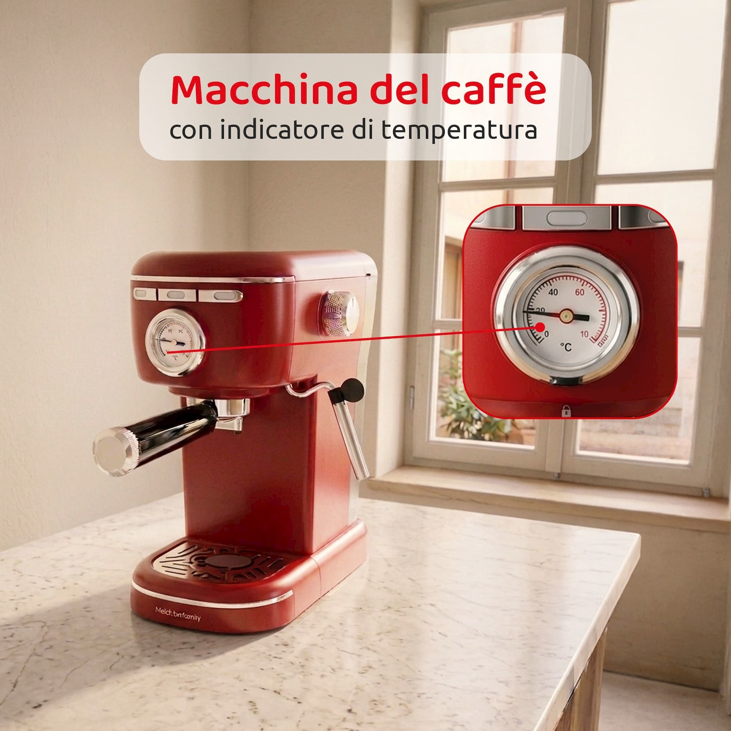 Una macchina del caffè rossa con termometro su un piano di marmo.