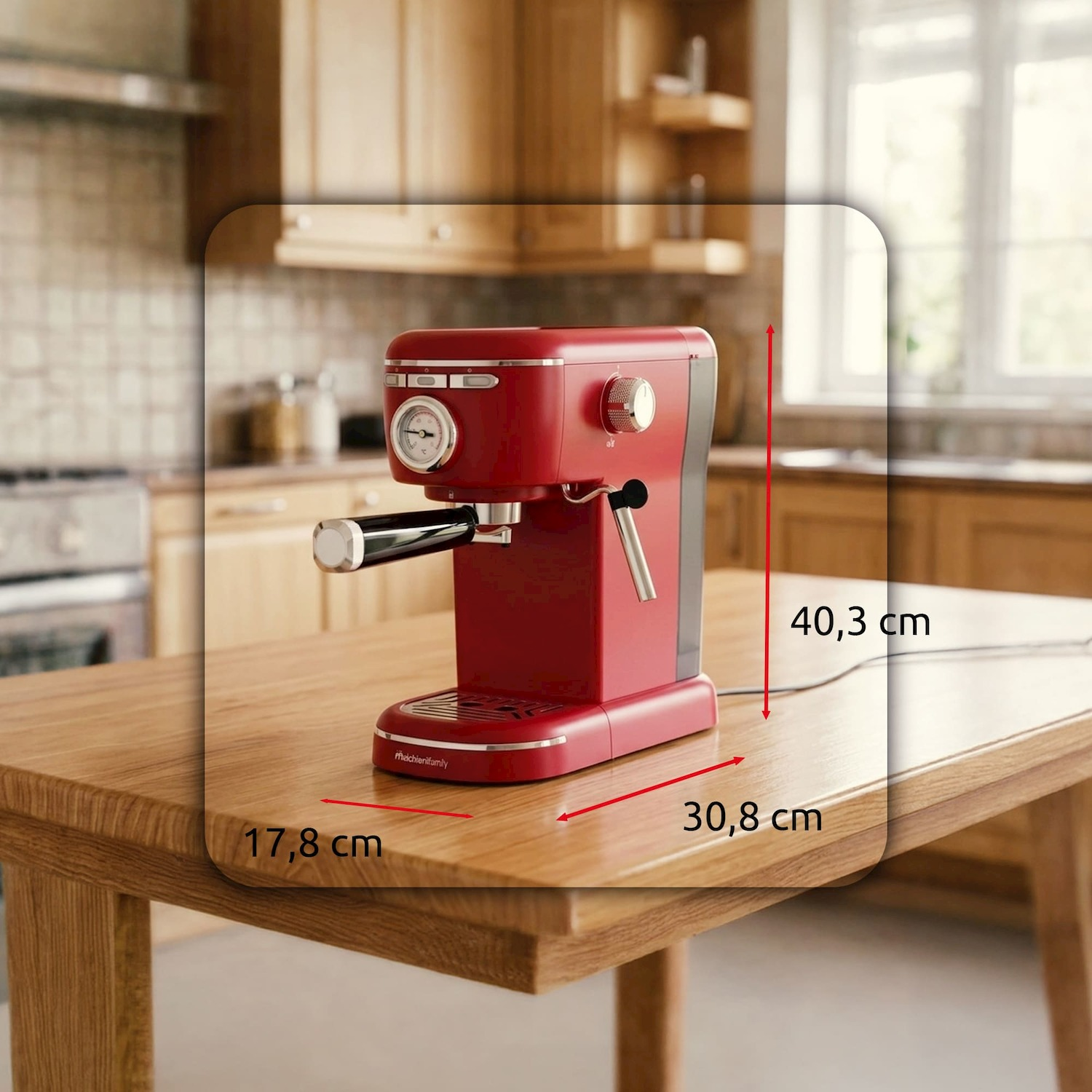 Macchina espresso rossa su tavolo in legno. Dimensioni: 17,8 x 30,8 x 40,3 cm.