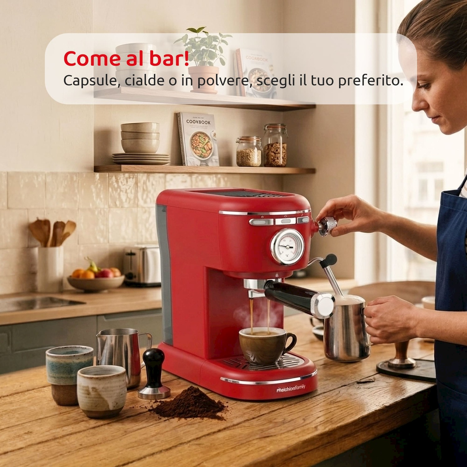 Una donna prepara il caffè con una macchina per espresso rossa. Tazze e fondi di caffè sul tavolo.