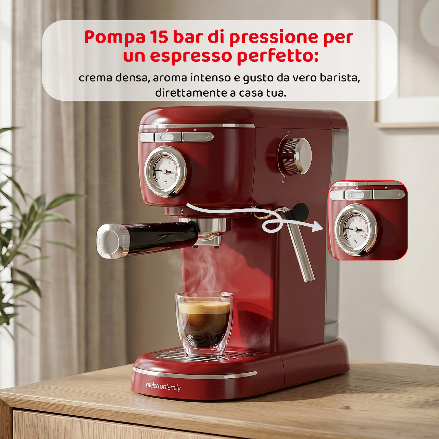 Macchina espresso rossa con bicchiere e vapore, con manometro e testo.