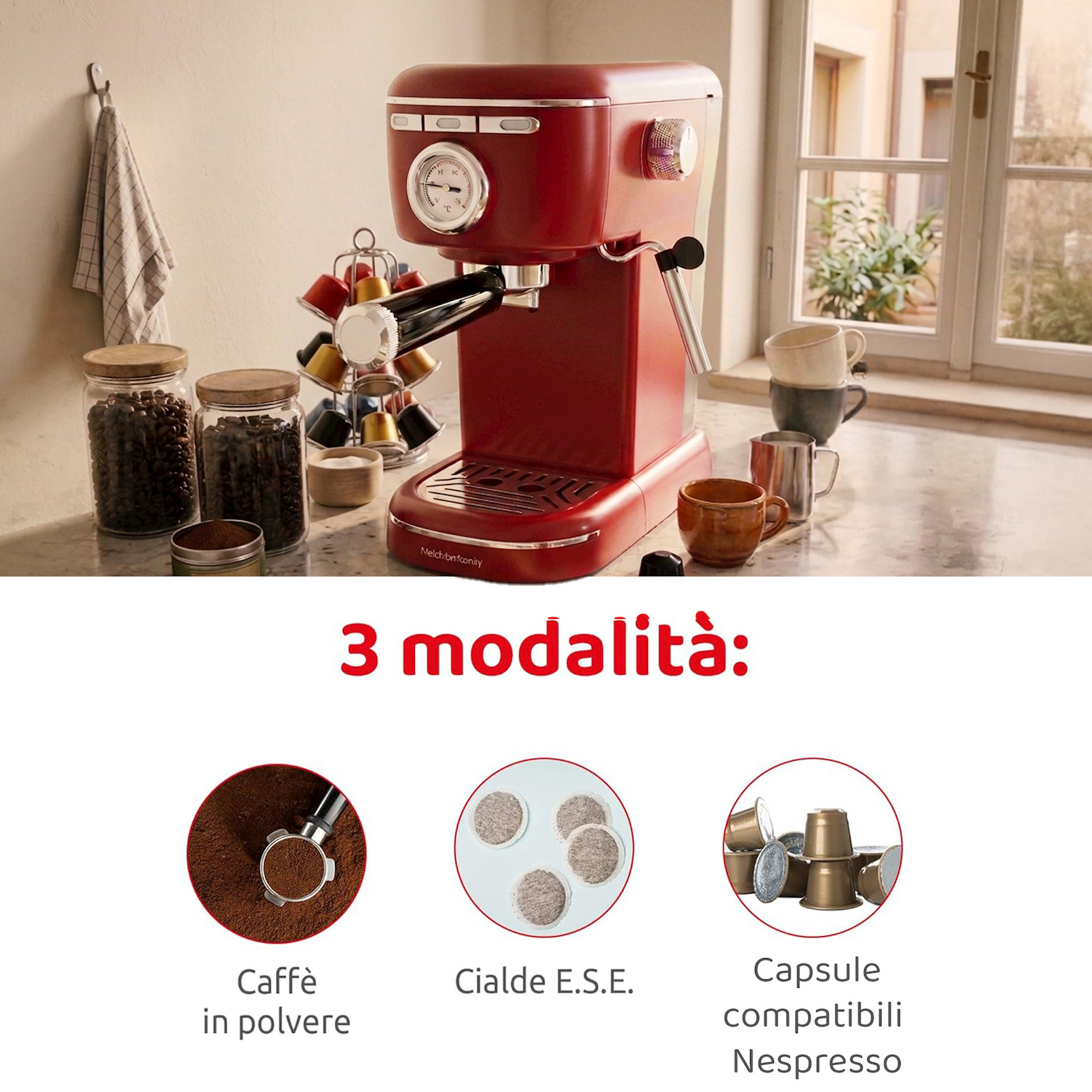 Macchina per espresso rossa con chicchi di caffè, capsule e tazze su un bancone.