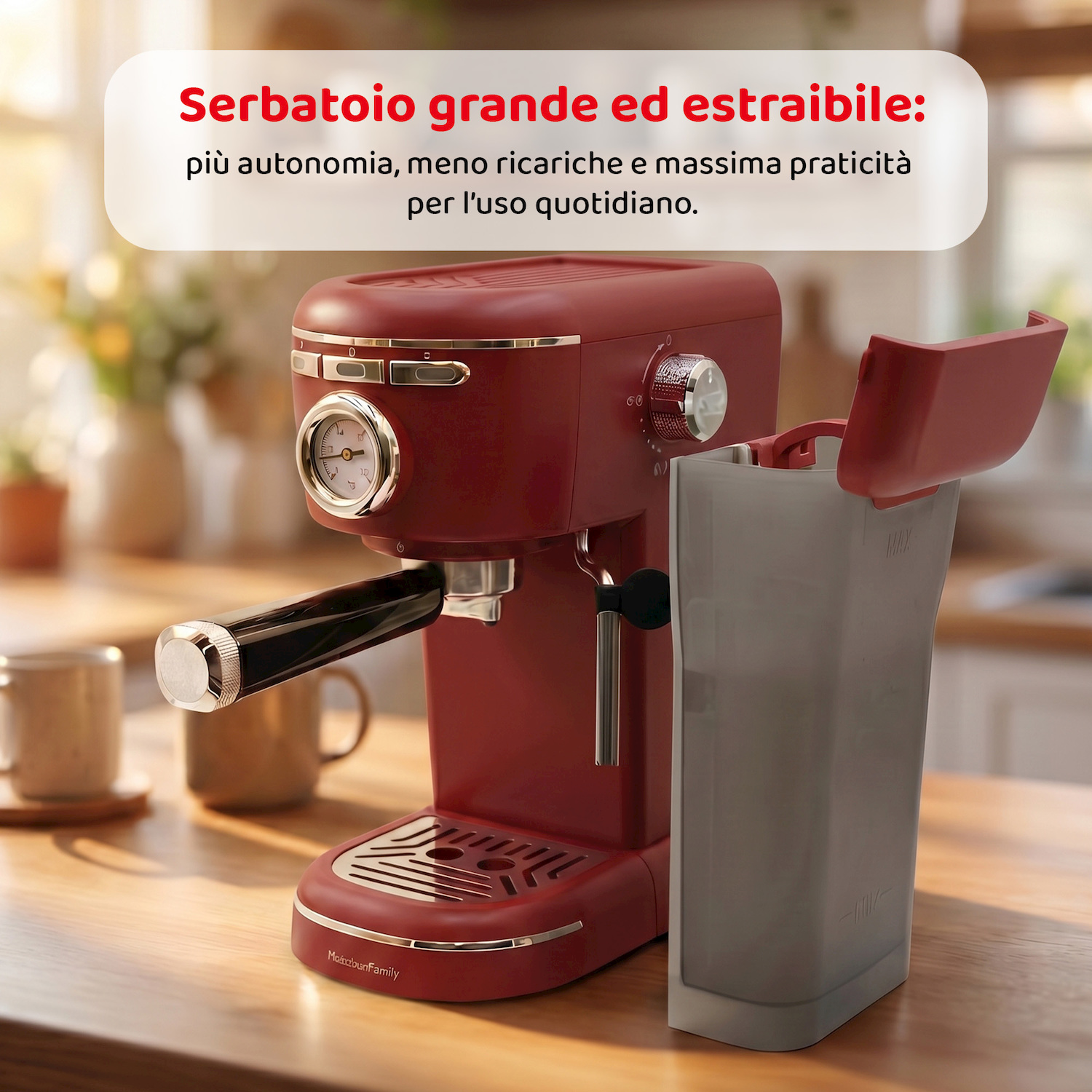 Una macchina da caffè rossa con serbatoio acqua grande ed estraibile su tavolo.
