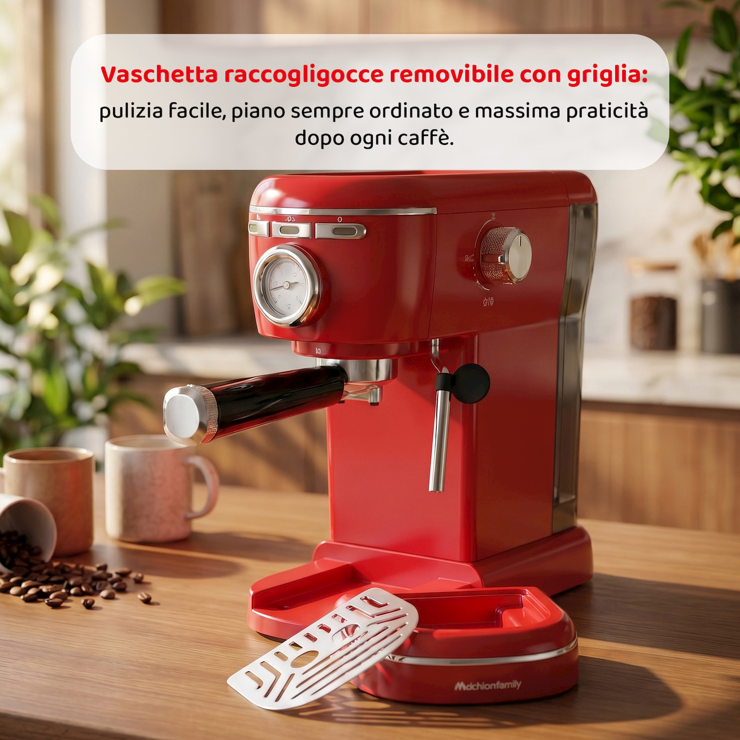 Una macchina per espresso rossa con vaschetta raccogligocce rimovibile.