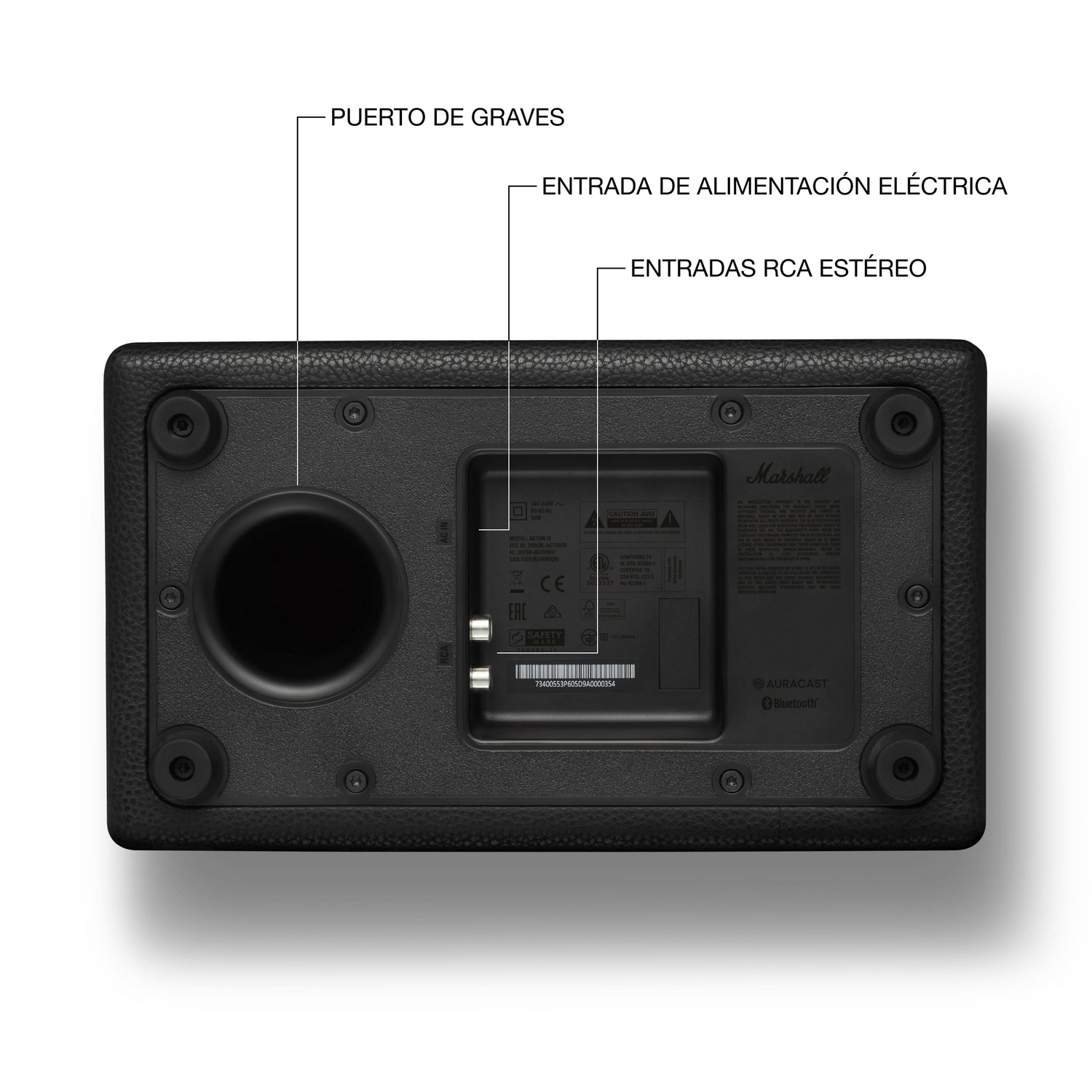 Parte trasera de altavoz Marshall negro con puertos: graves, alimentación, RCA.