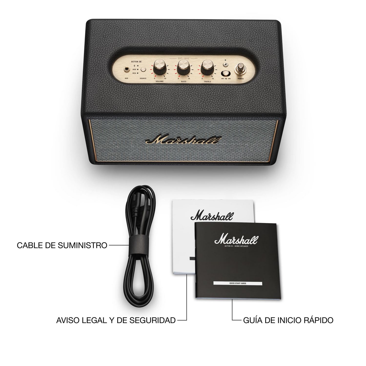 Un altavoz Marshall Acton IV negro con cable y manuales.