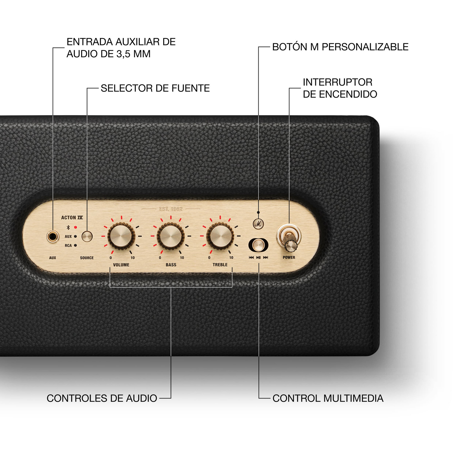 Altavoz negro con detalles dorados. Los controles incluyen volumen, graves, agudos, fuente y encendido.