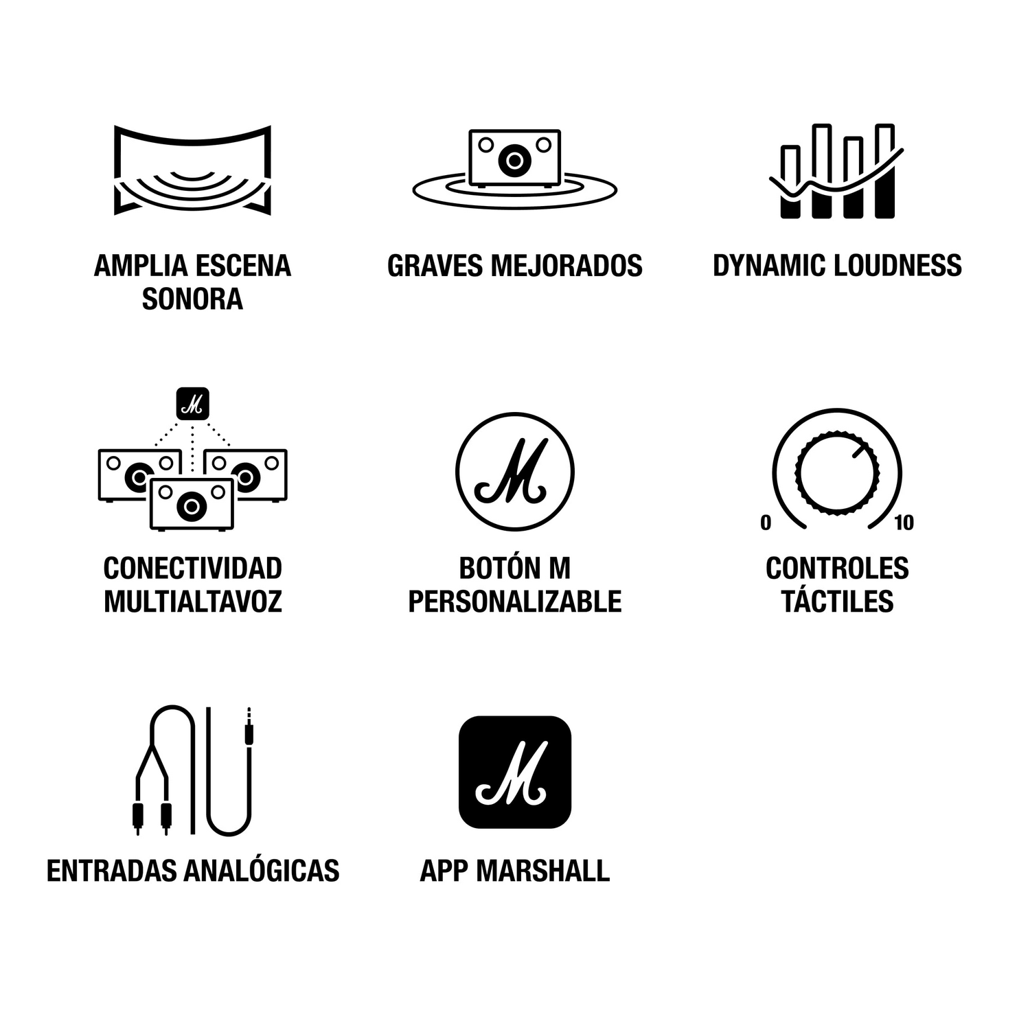 Iconos de funciones de audio: sonido amplio, graves, volumen, conectividad, app.