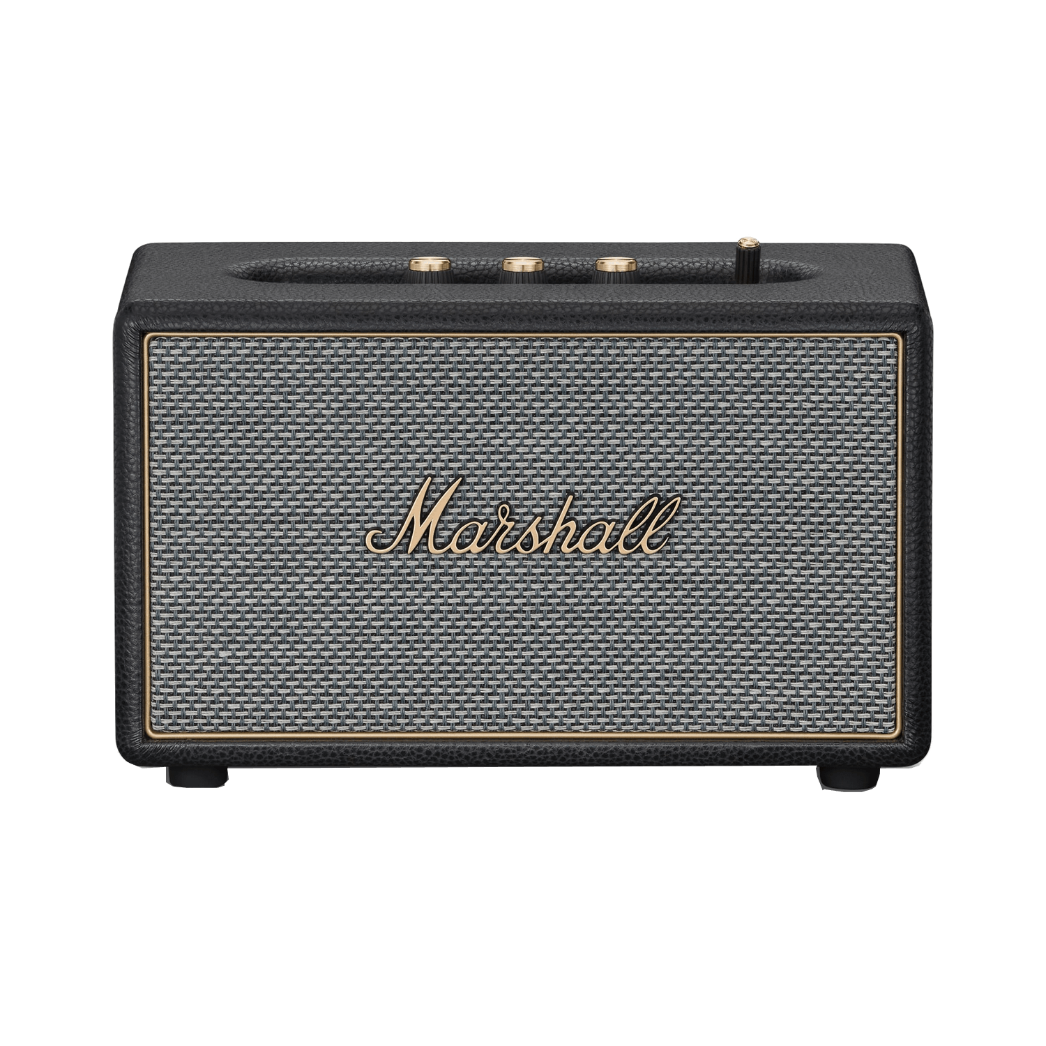 Un altavoz Marshall con imitación de cuero negro y frente de tela gris con letras doradas.