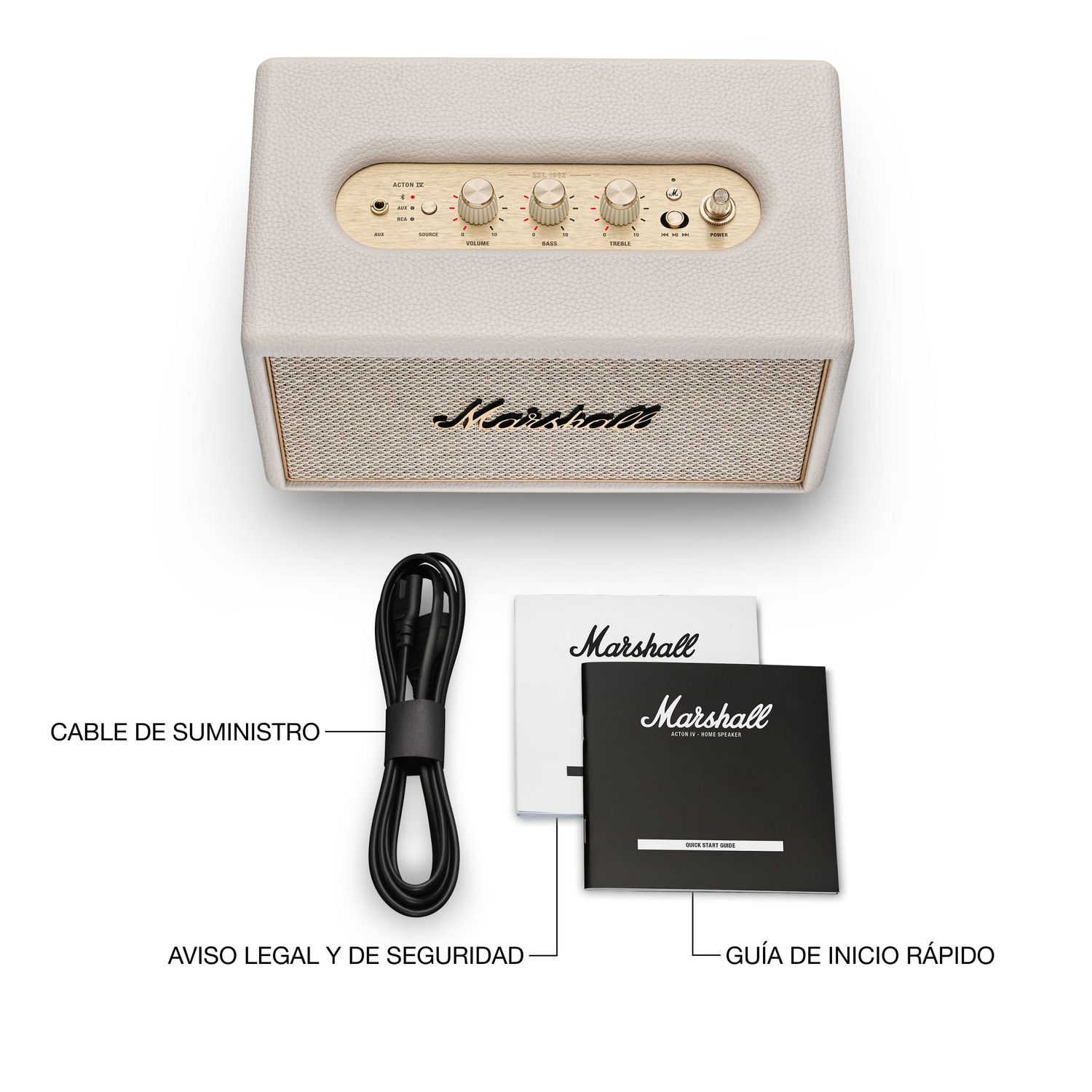 Un altavoz Marshall Acton IV blanco con cable y manuales.