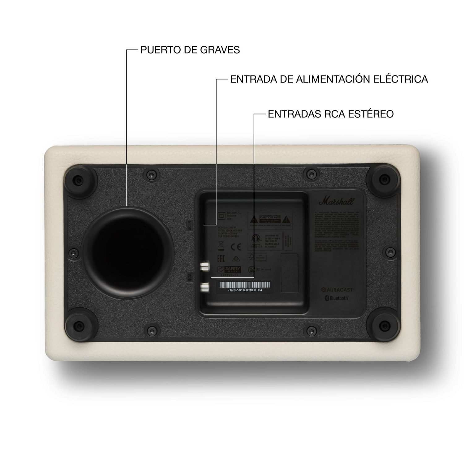 Parte trasera de altavoz blanco con puertos: puerto graves, alimentación, RCA.