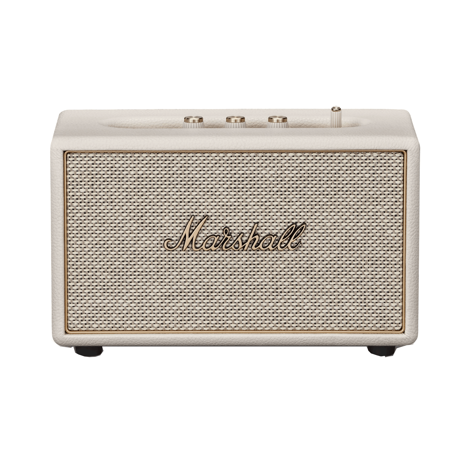 Un altavoz Marshall color crema con frente tejido y perillas doradas sobre fondo blanco.