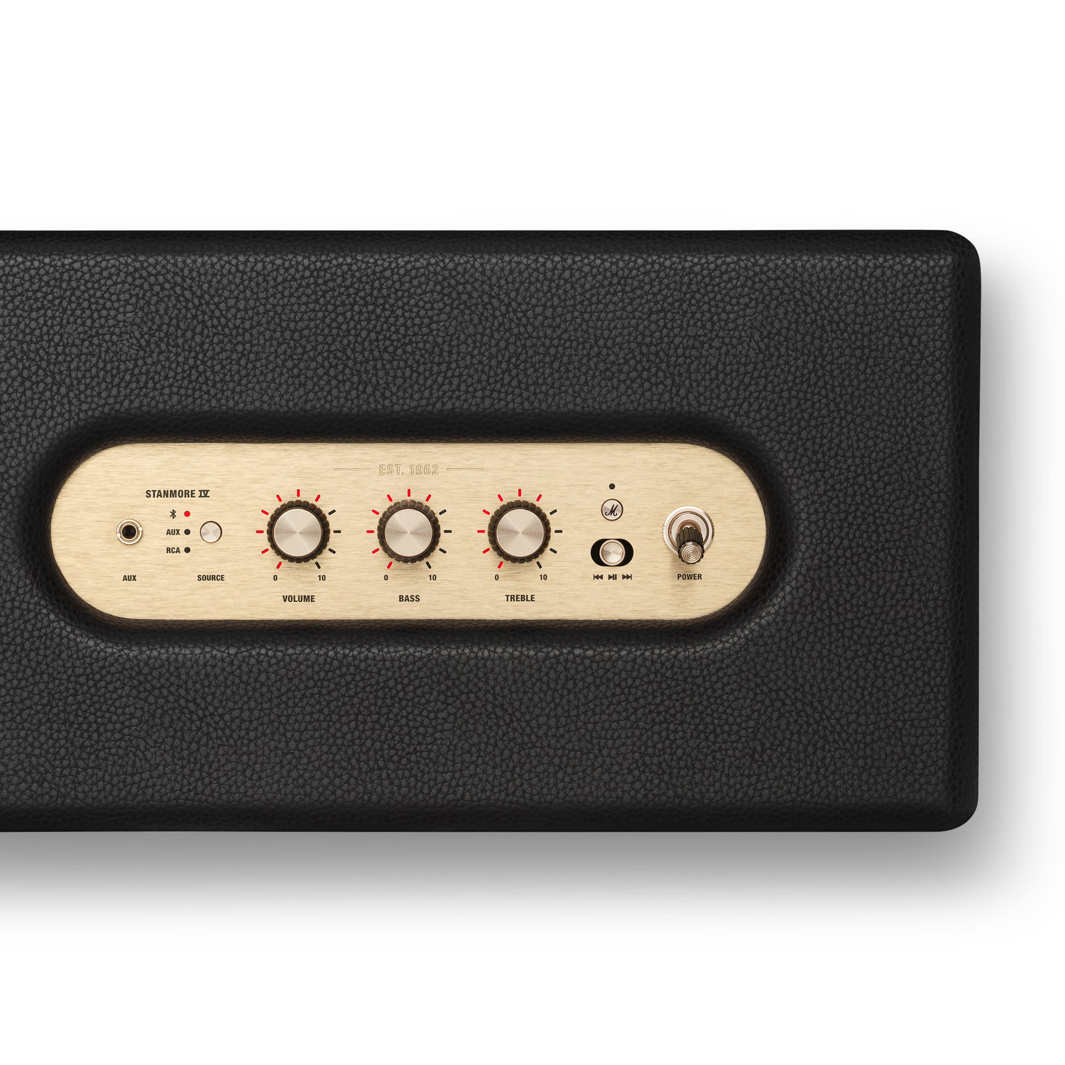 Un altavoz Marshall Stanmore IV negro con panel de control y perillas doradas.