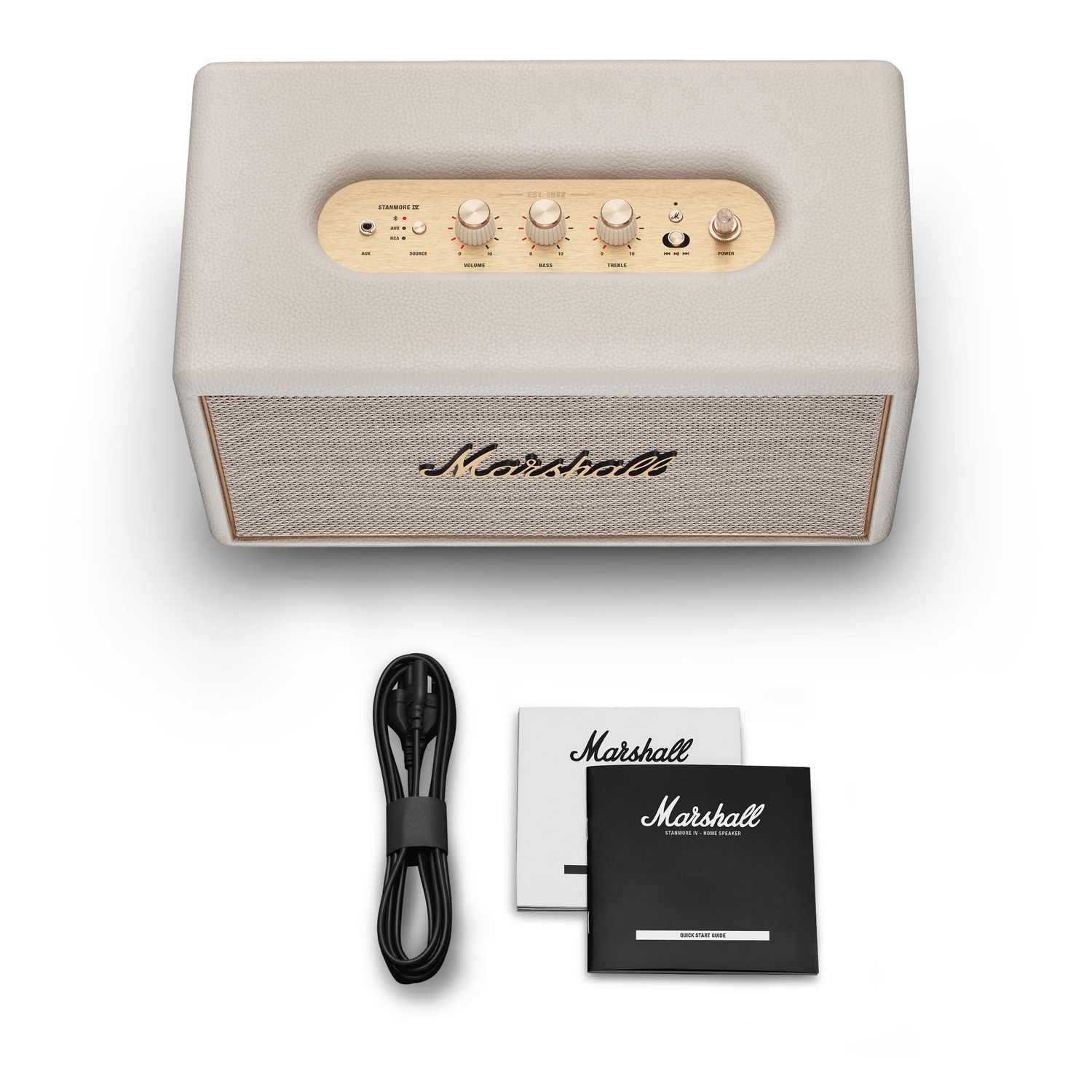 Un altavoz Marshall Stanmore IV con cable de alimentación y manuales.