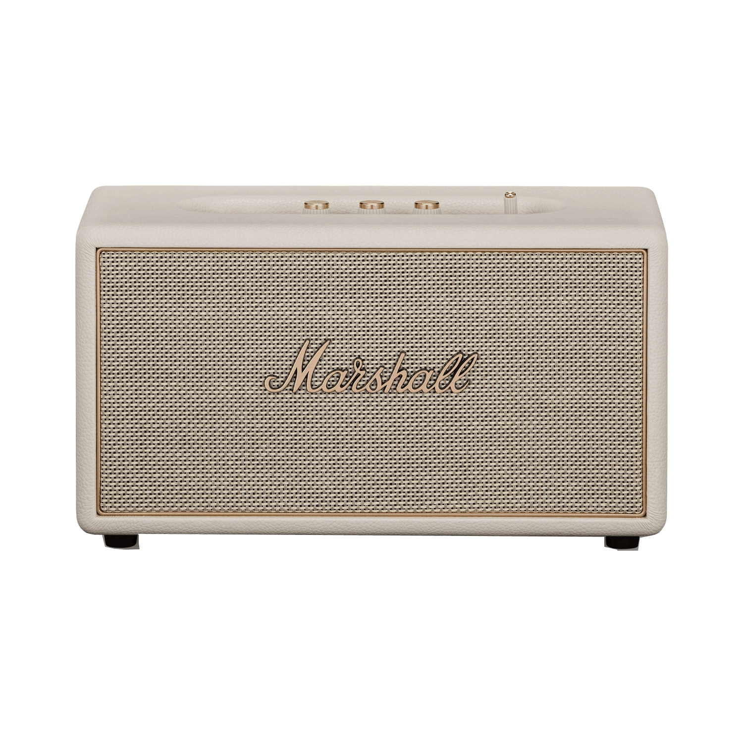 Un altavoz Marshall color crema con letras y controles dorados.