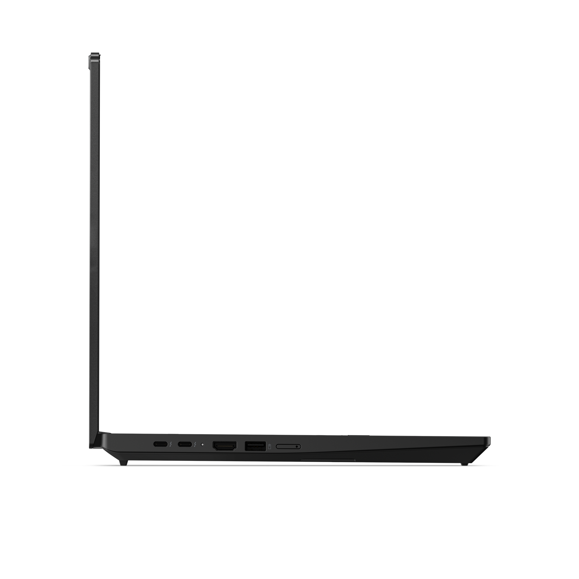 Seitenansicht eines schwarzen Laptops mit Anschlüssen.