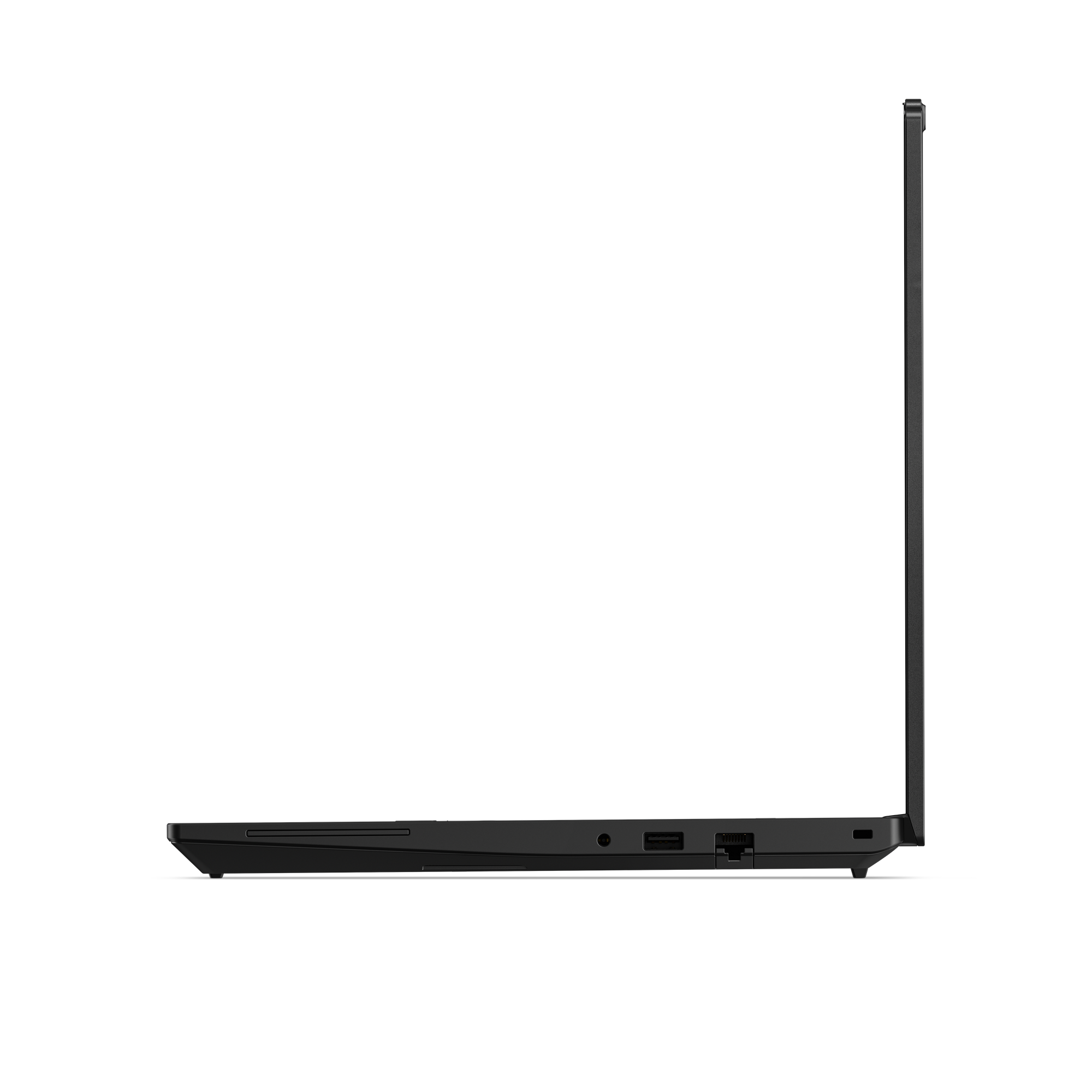 Schwarzer Laptop im Profil, Seite mit Anschlüssen und Lüftungsschlitzen.