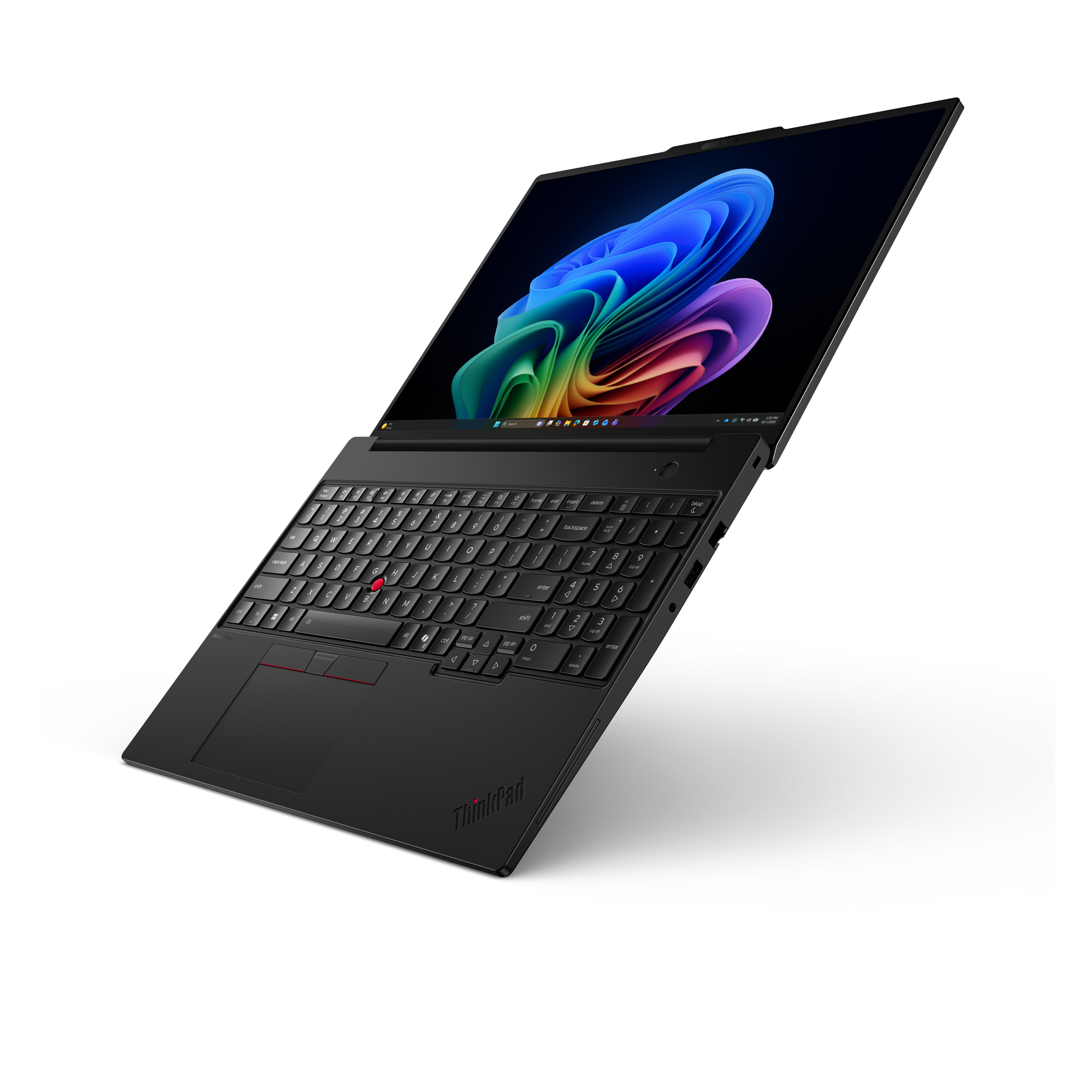 Ein schwarzer ThinkPad-Laptop ist geöffnet und zeigt ein farbenfrohes abstraktes Hintergrundbild.