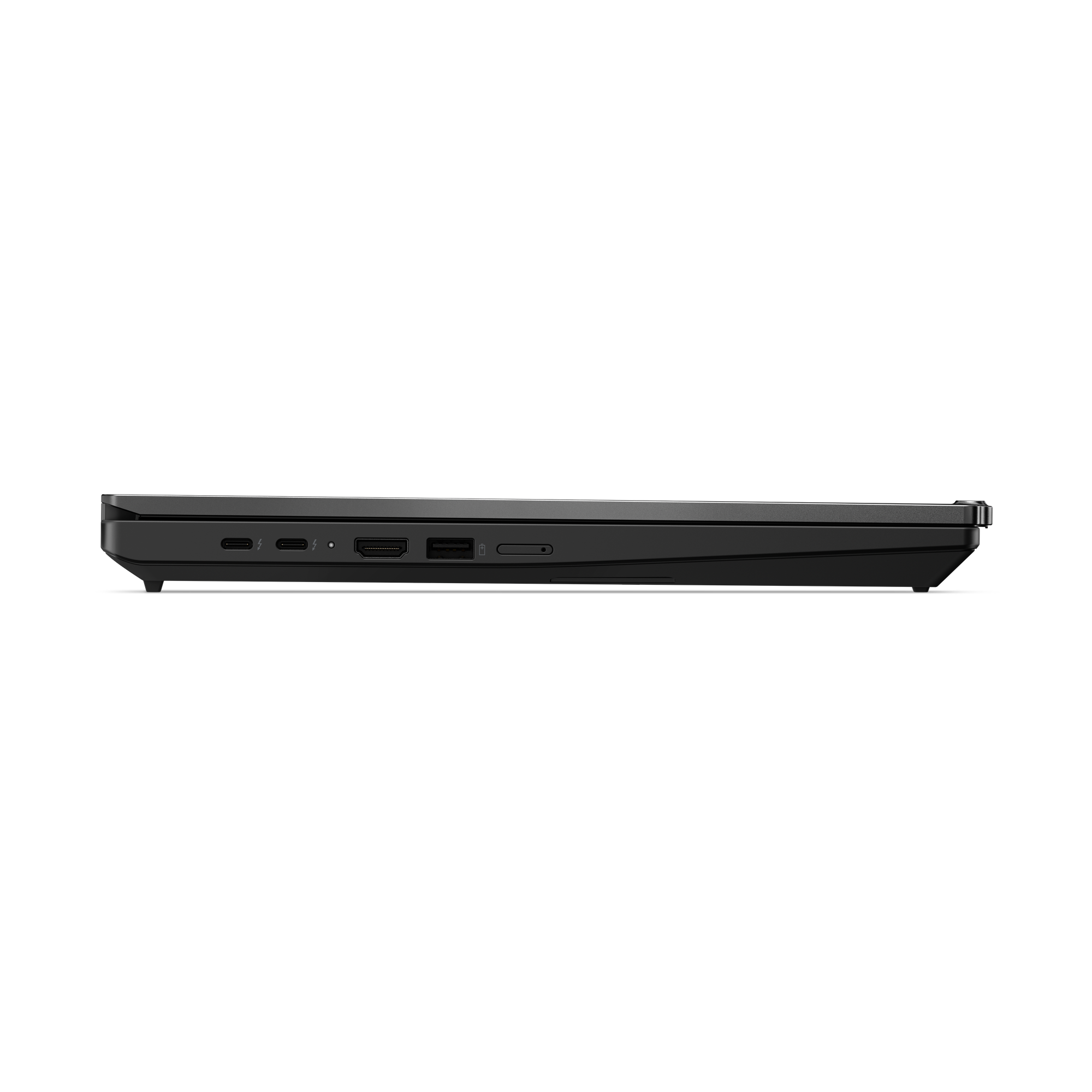 Schwarzer Laptop-Seite mit USB-C, HDMI und USB-A Anschlüssen.