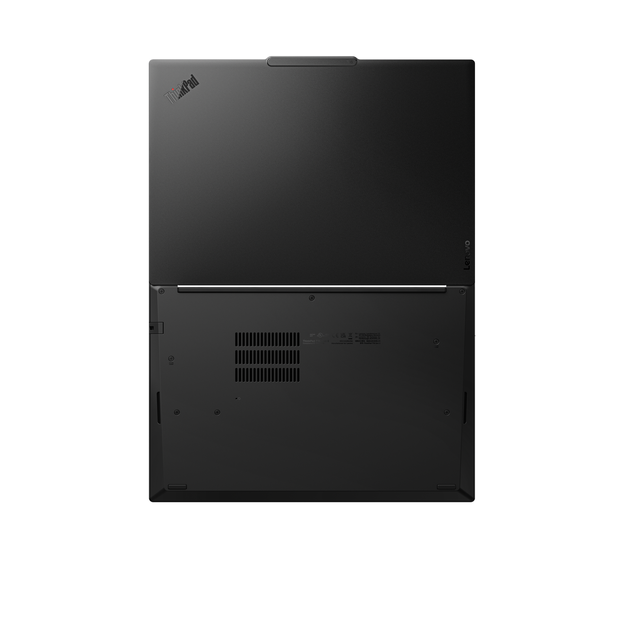 Ein schwarzer Lenovo ThinkPad Laptop ist geöffnet, Oberseite und Unterseite sind sichtbar.