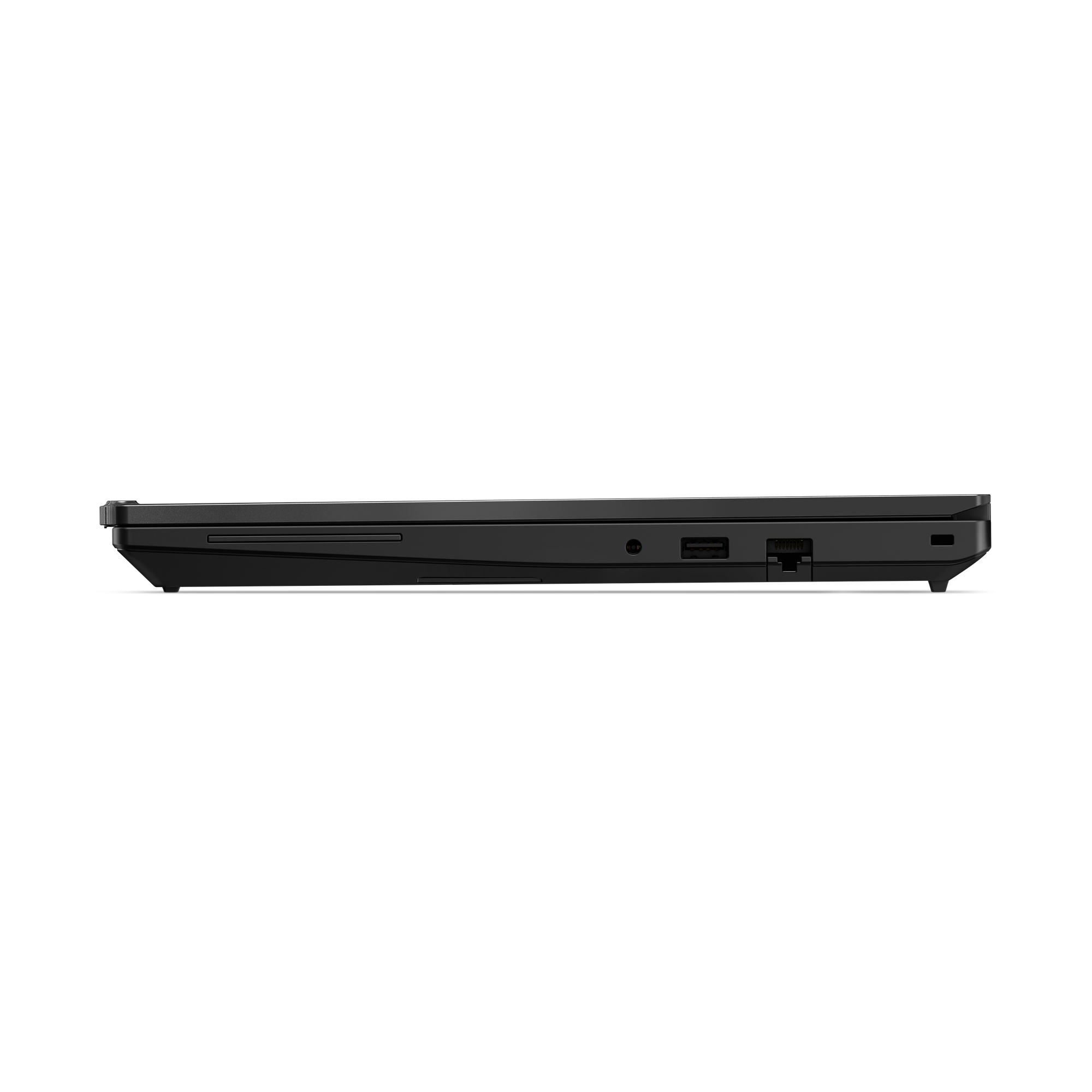 Seitenansicht eines schwarzen Laptops mit Anschlüssen wie USB und Ethernet.