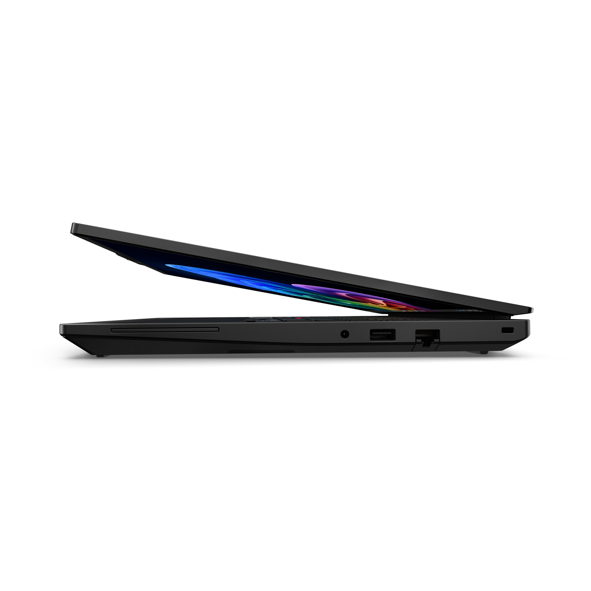 Seitenansicht eines schwarzen Laptops mit geöffnetem Bildschirm, der ein buntes abstraktes Bild zeigt.