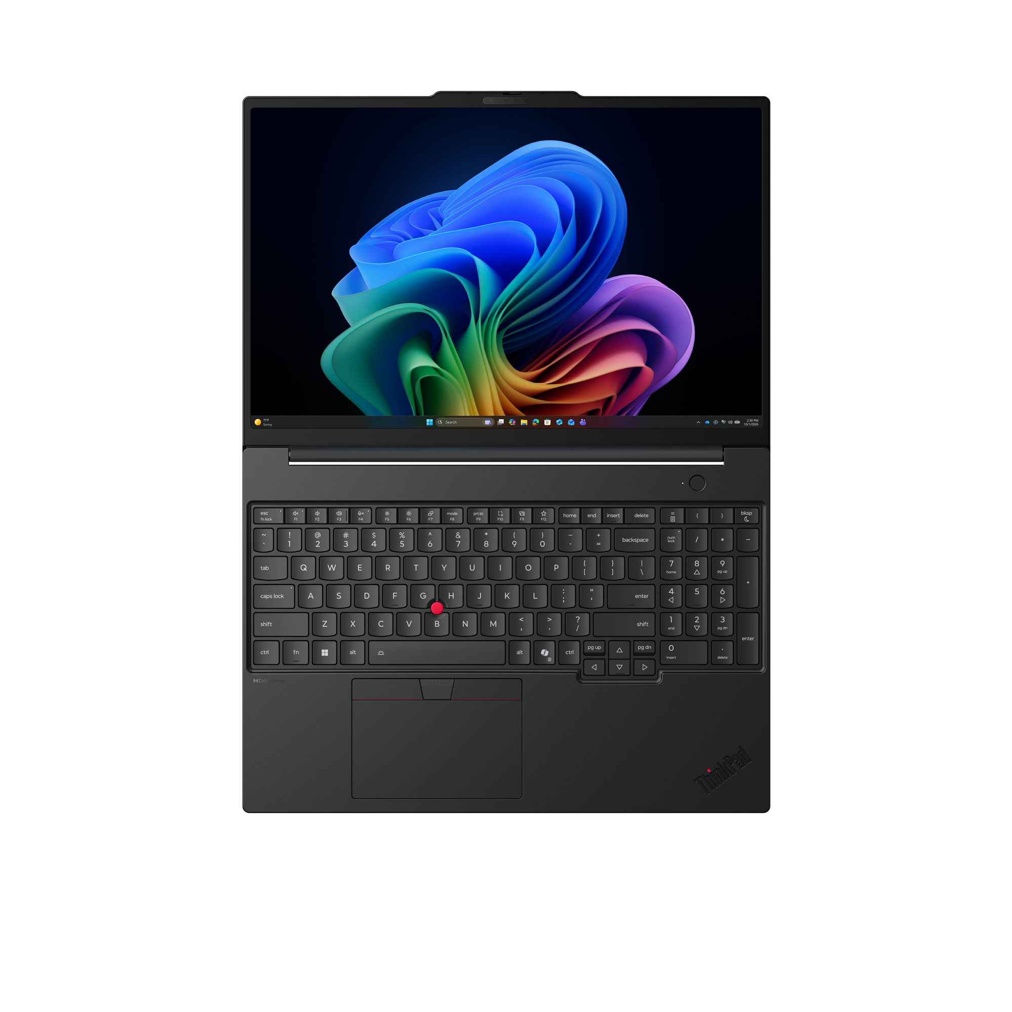 Ein schwarzer Laptop mit offenem Bildschirm, der ein farbenfrohes abstraktes Bild anzeigt.