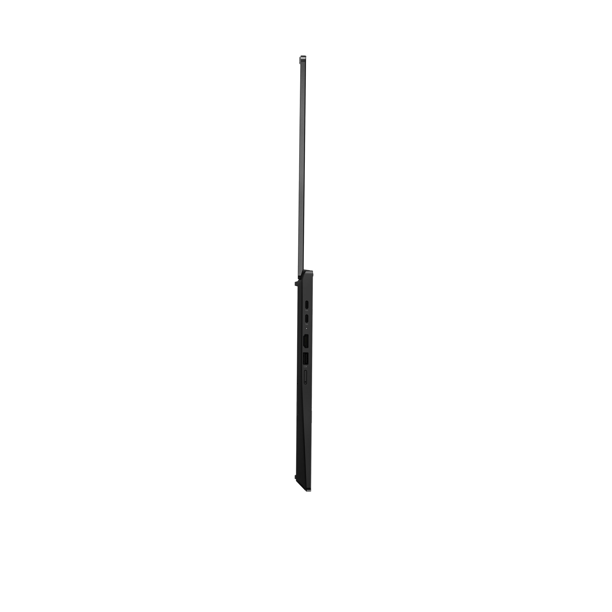 Ein schwarzer Laptop mit einem HDMI-Anschluss und USB-Anschlüssen im Profil.