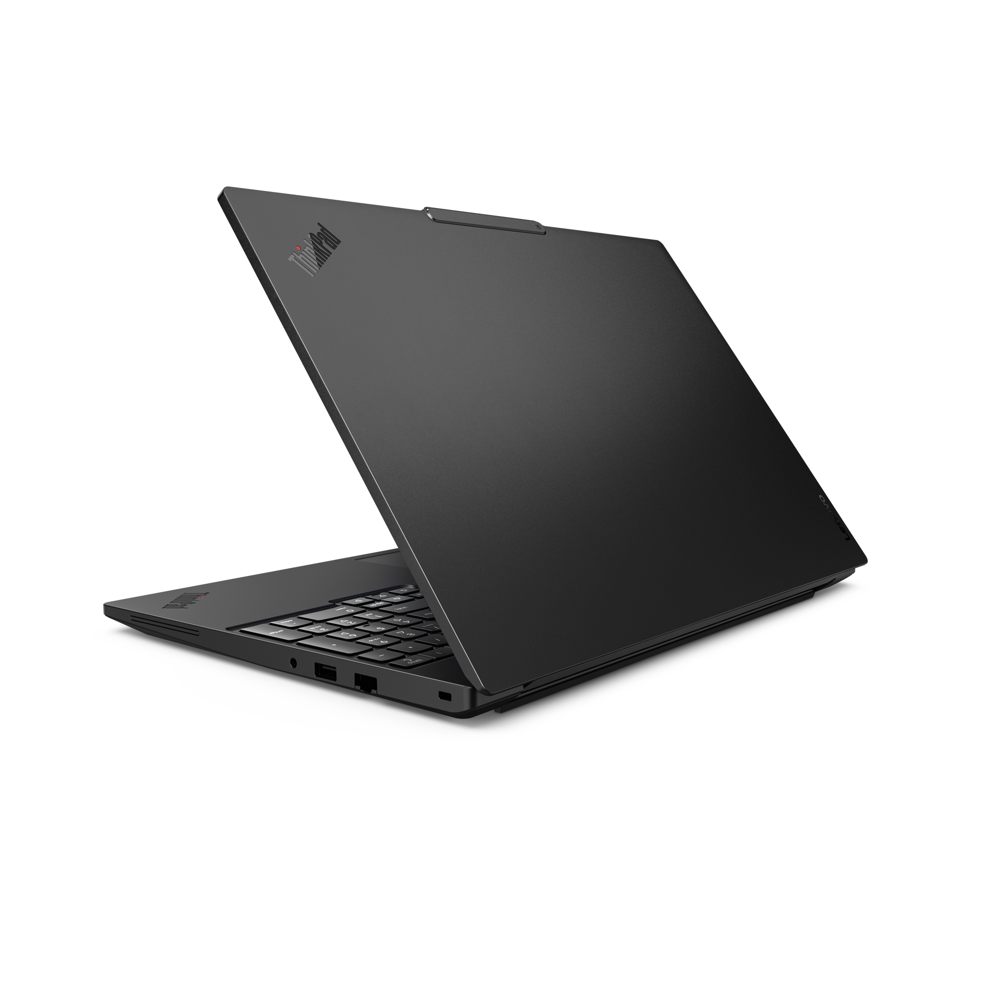 Ein geschlossener, schwarzer Laptop mit Thinkpad-Logo auf dem Deckel.