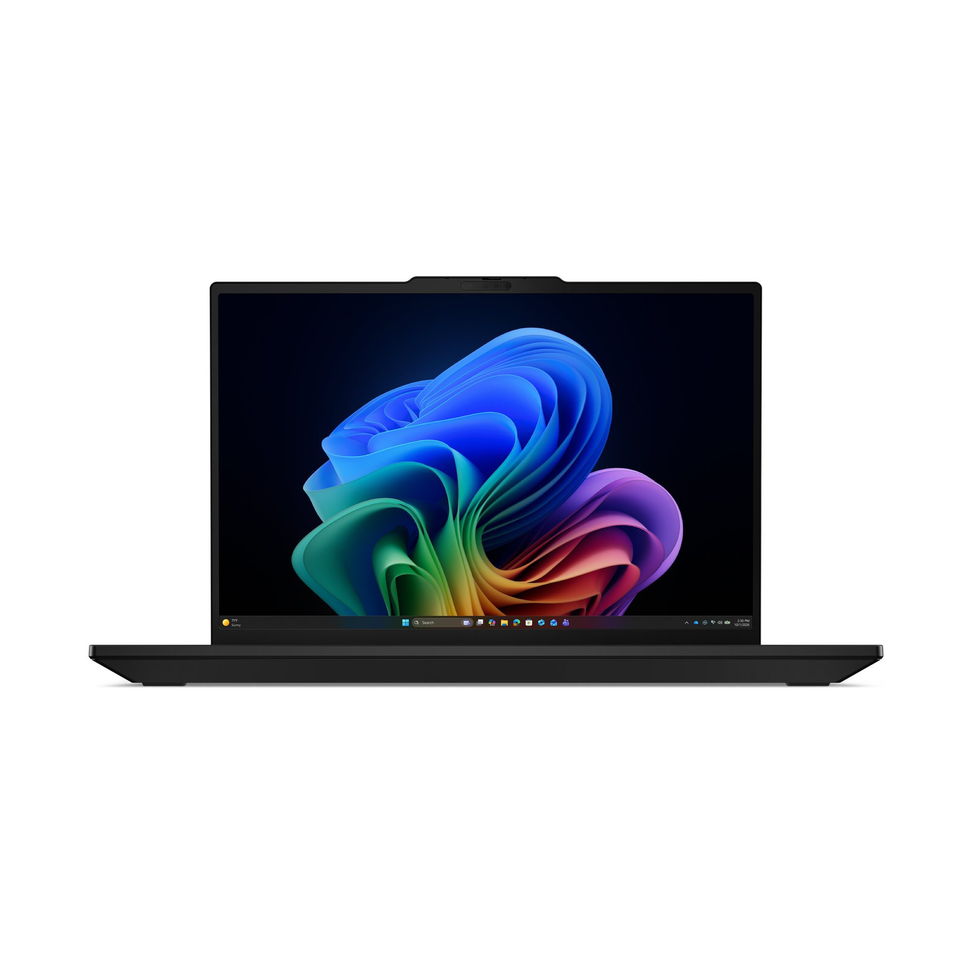 Ein schwarzer Laptop mit einem bunten, wirbelnden Hintergrundbild auf dem Bildschirm.