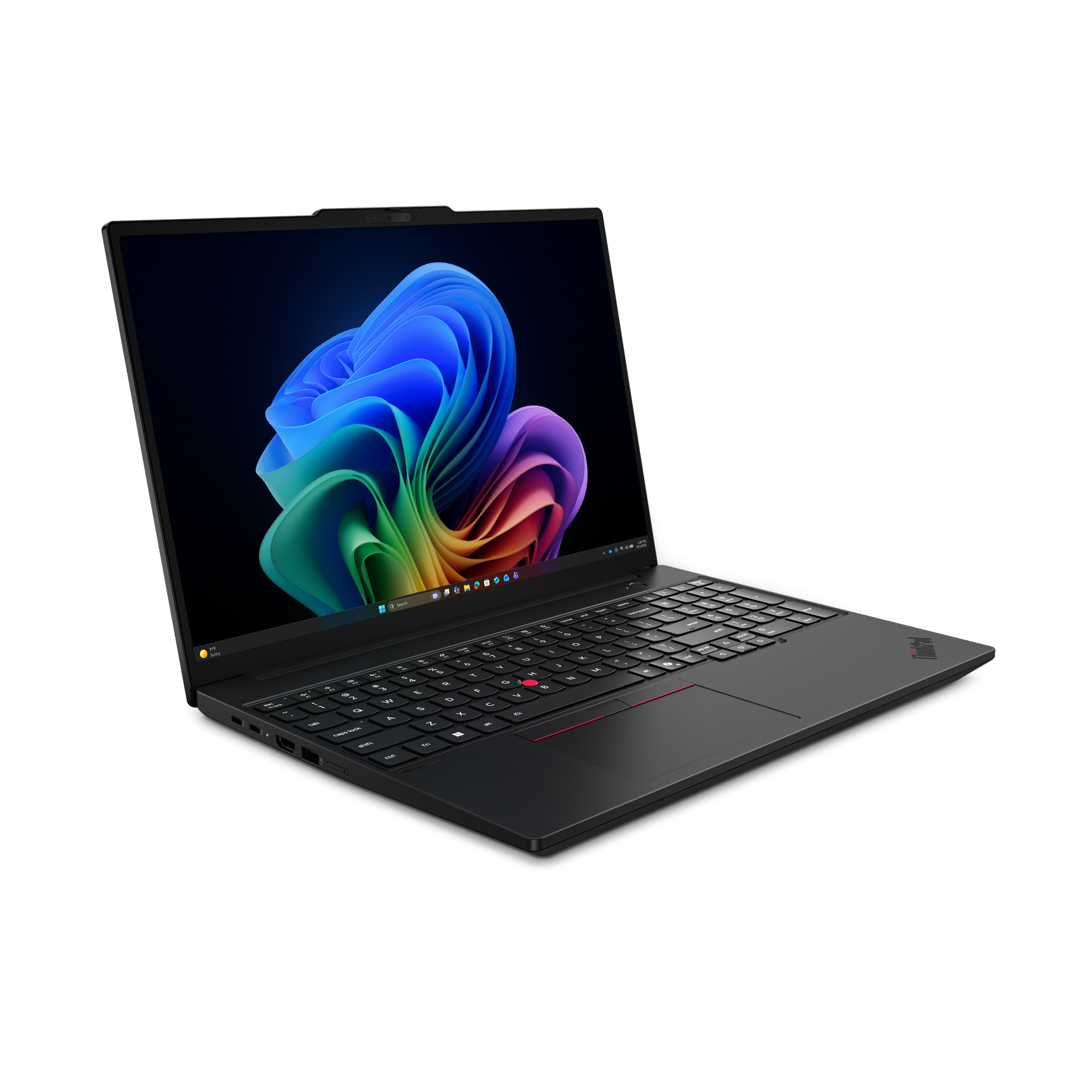 Schwarzer Laptop mit buntem Hintergrund auf dem Bildschirm.