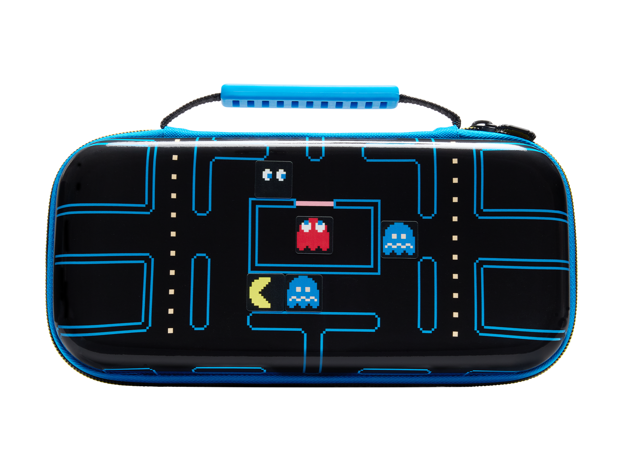 Schwarze Hülle mit blauem Pac-Man-Labyrinth-Design und Figuren, blauem Griff.