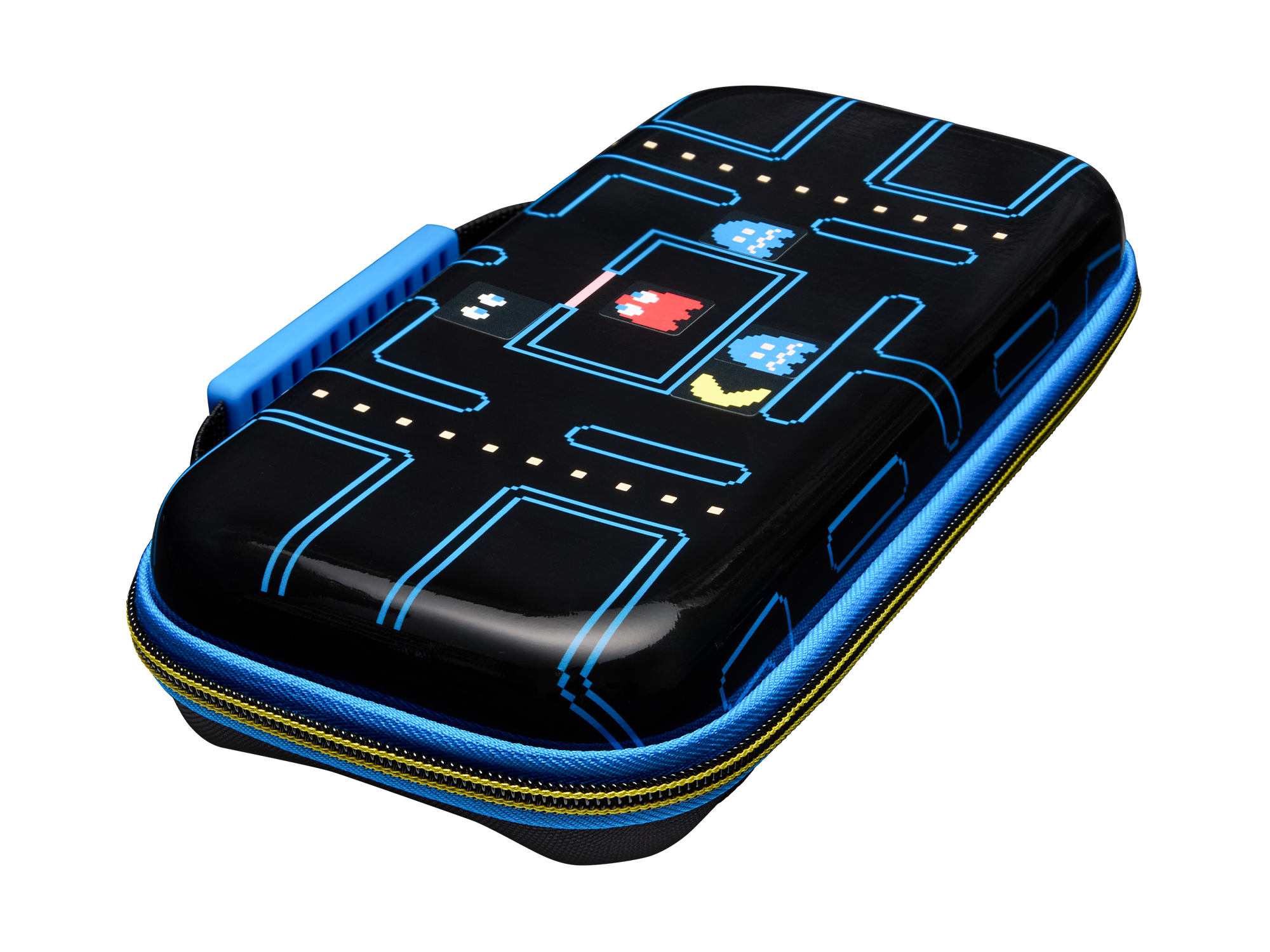 Schwarze Tasche mit Pac-Man-Design, blauem Reißverschluss und Tragegriff.